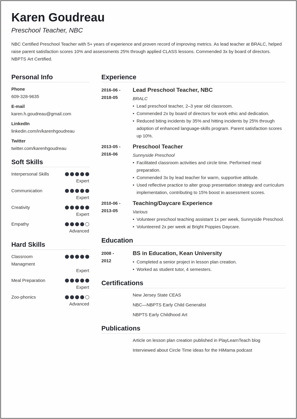 Preschool Teacher Resume Summary Examples