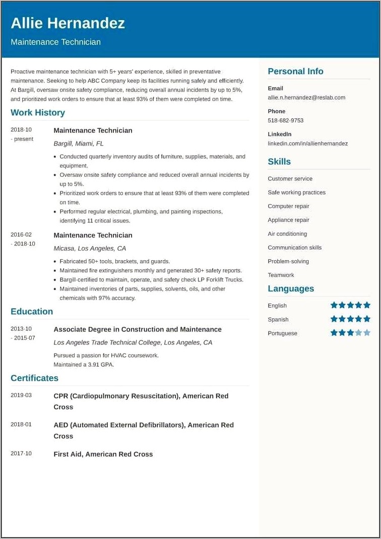 Preventive Maintenance Technician Resume Skills