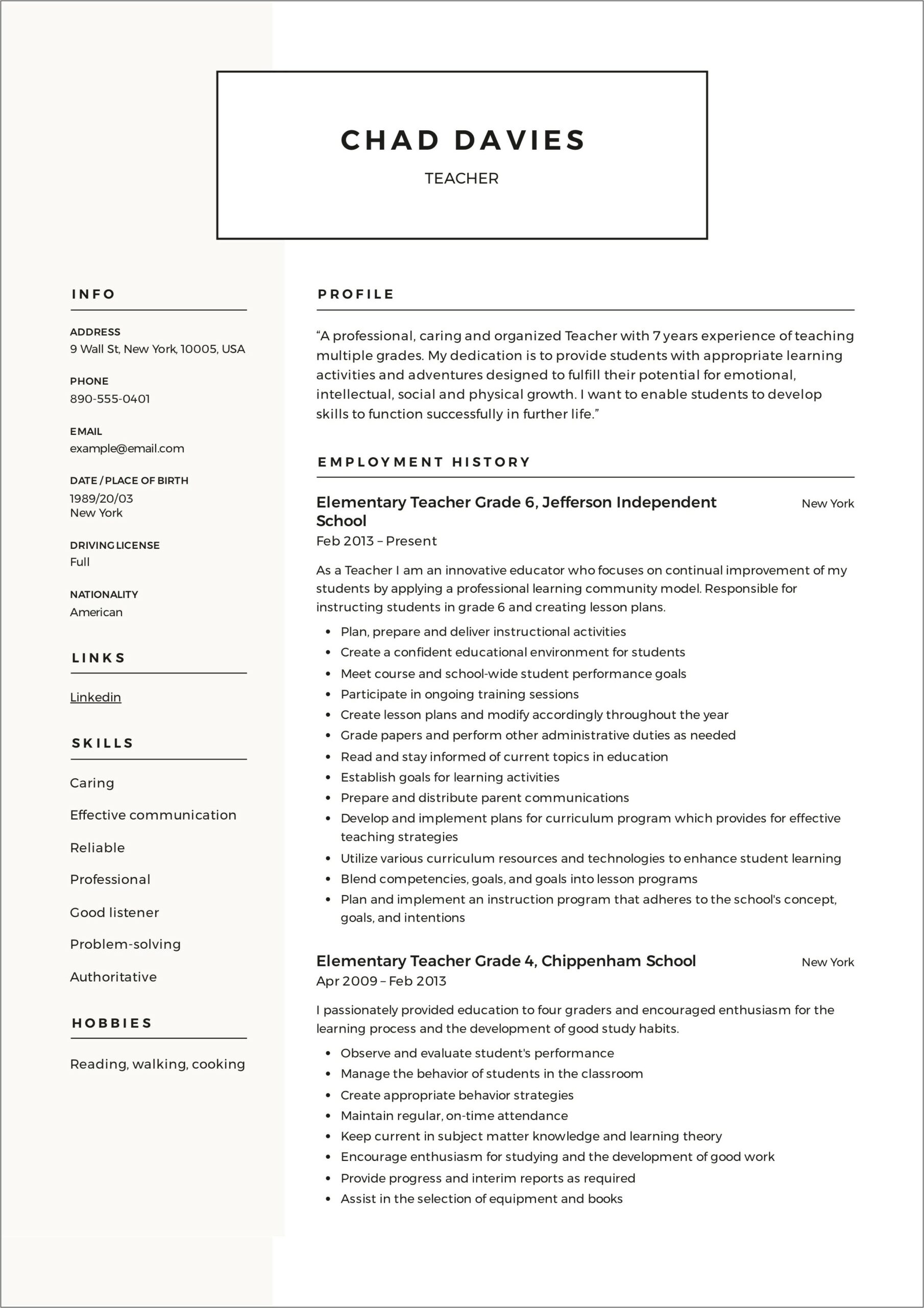 Primary School Teacher Resume Objective