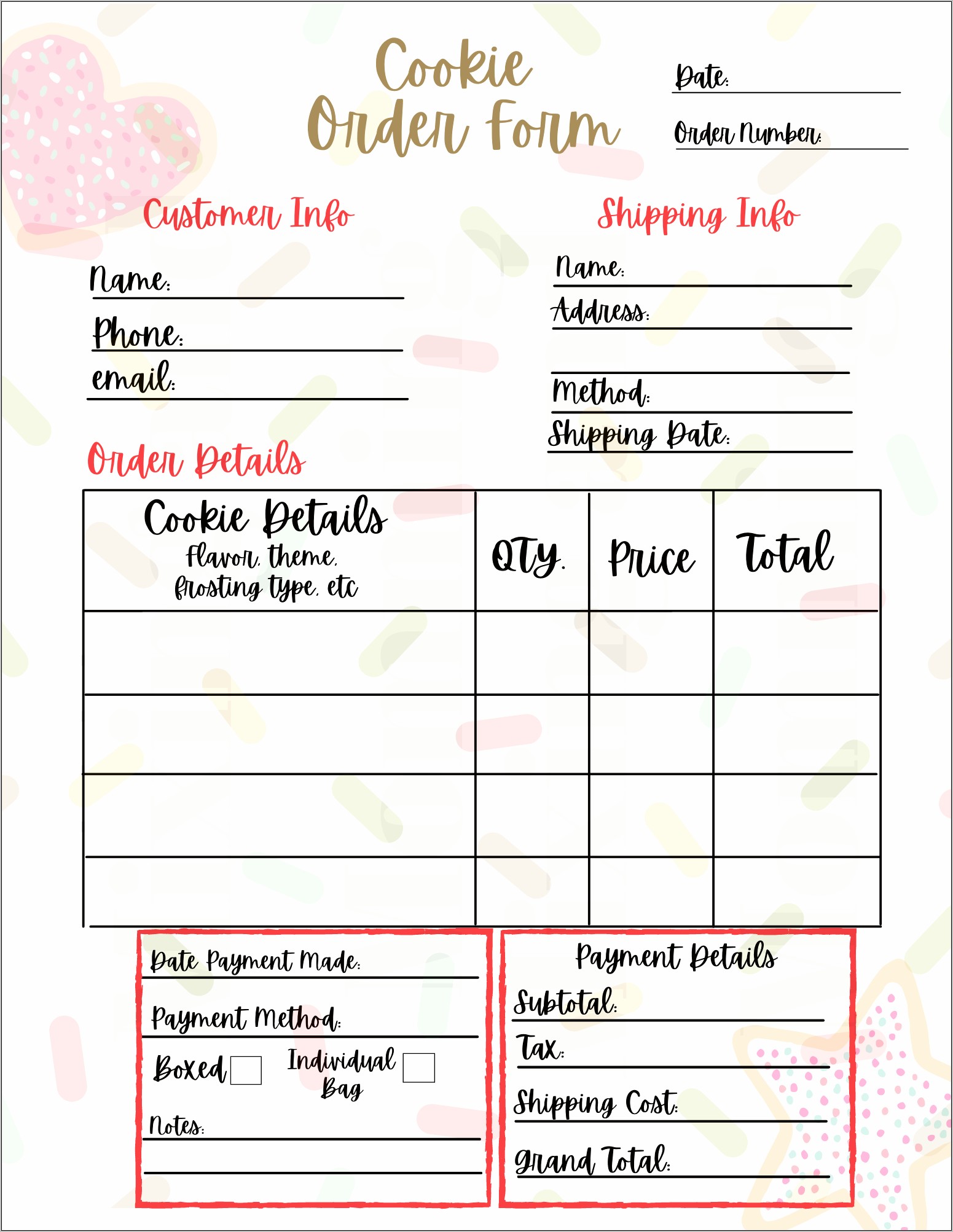 Printable Cookie Order Form Template Free Download