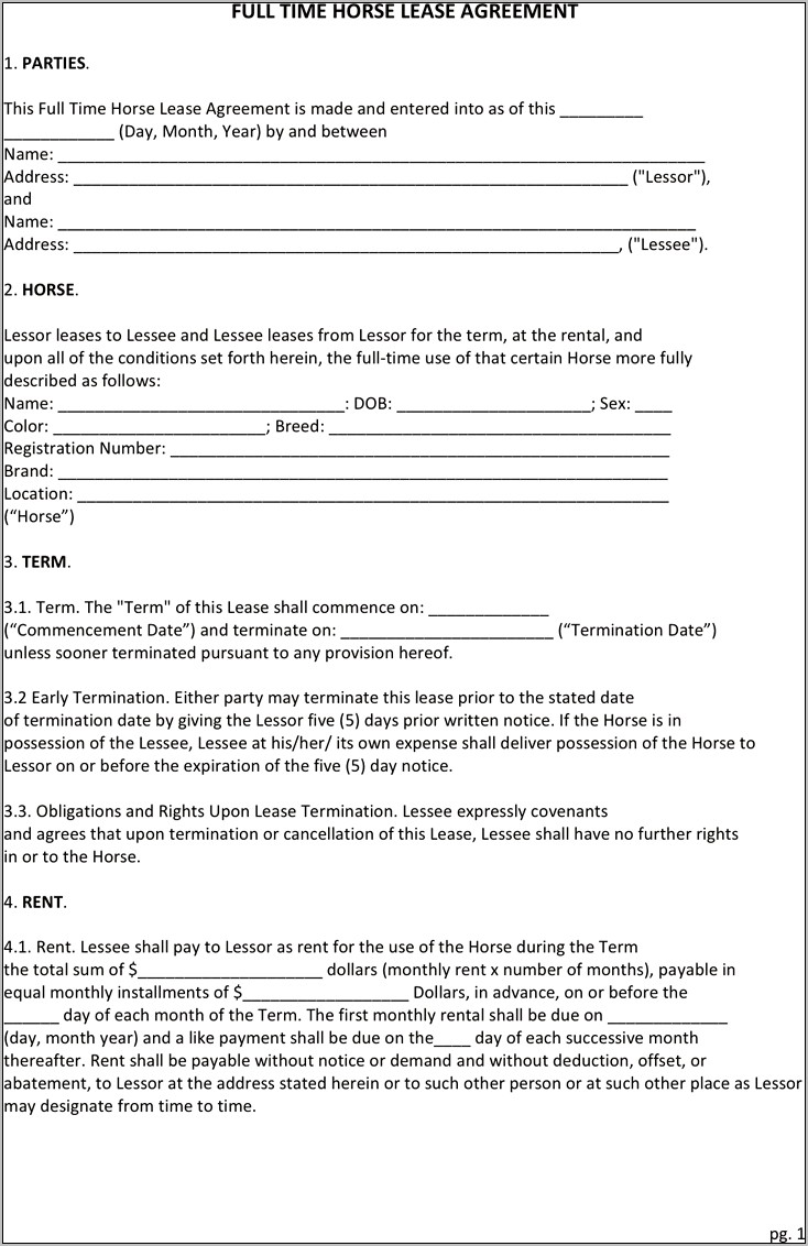 Printable Template For Horse Free Lease Agreement