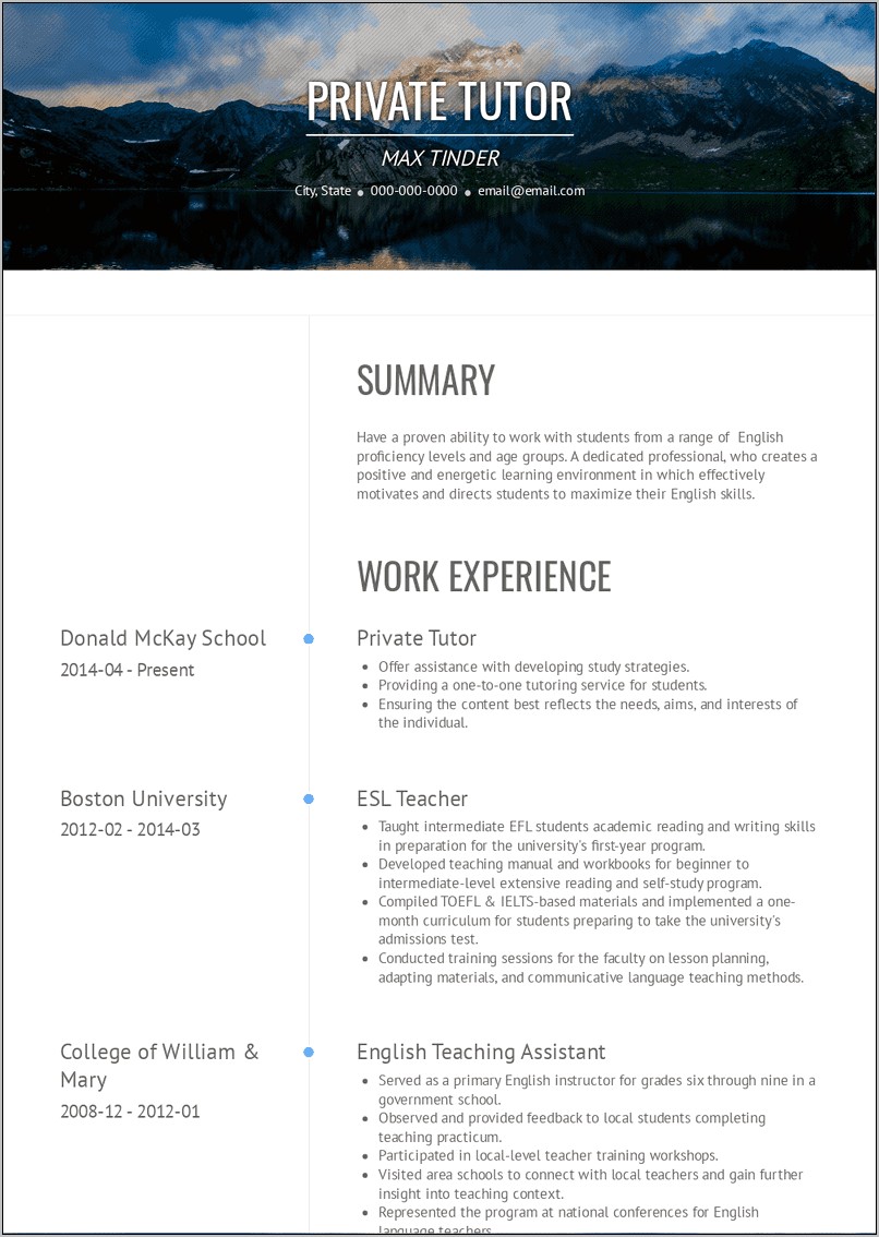 Private English Teacher Resume Sample