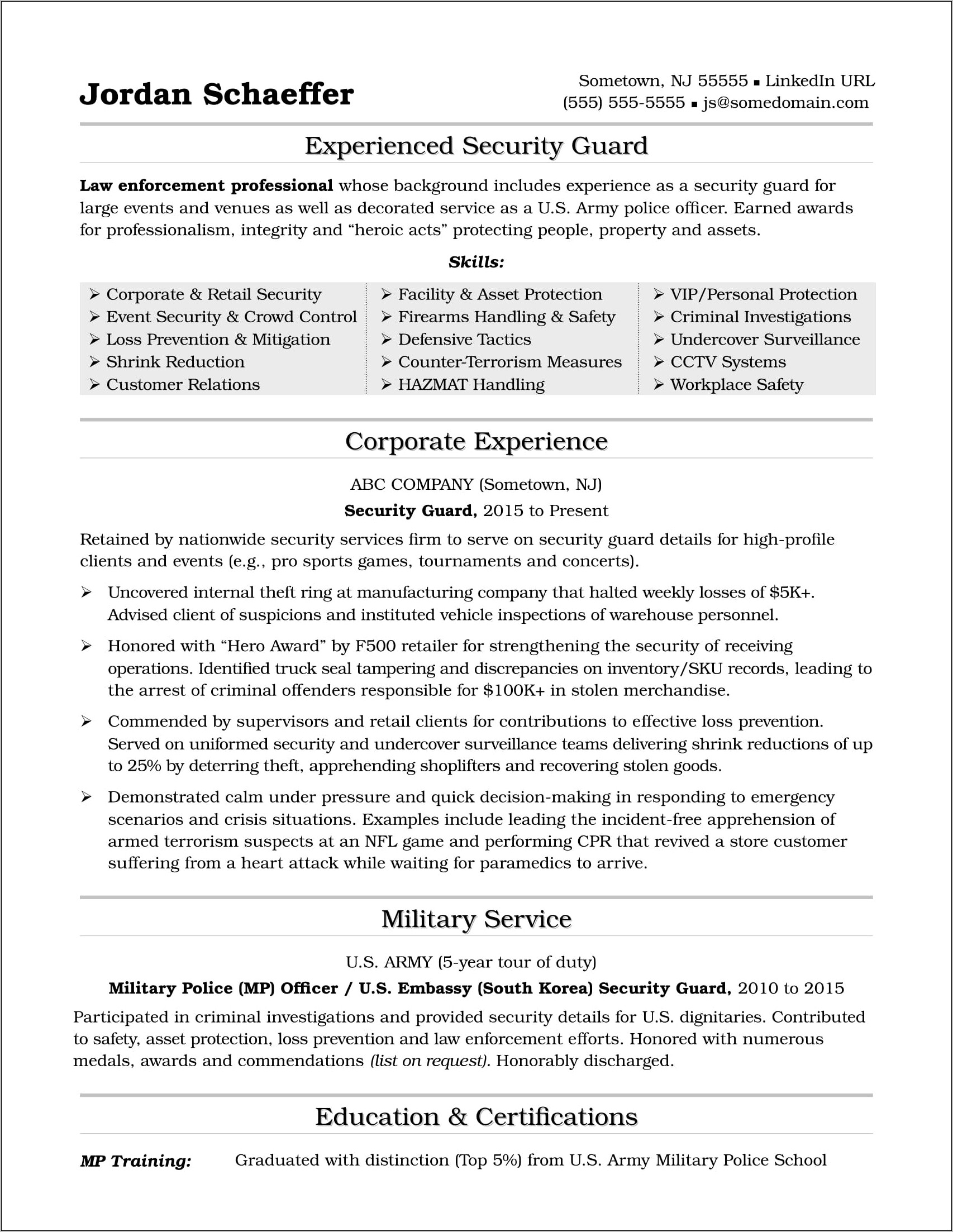 Private Governor Bodyguard Resume Example