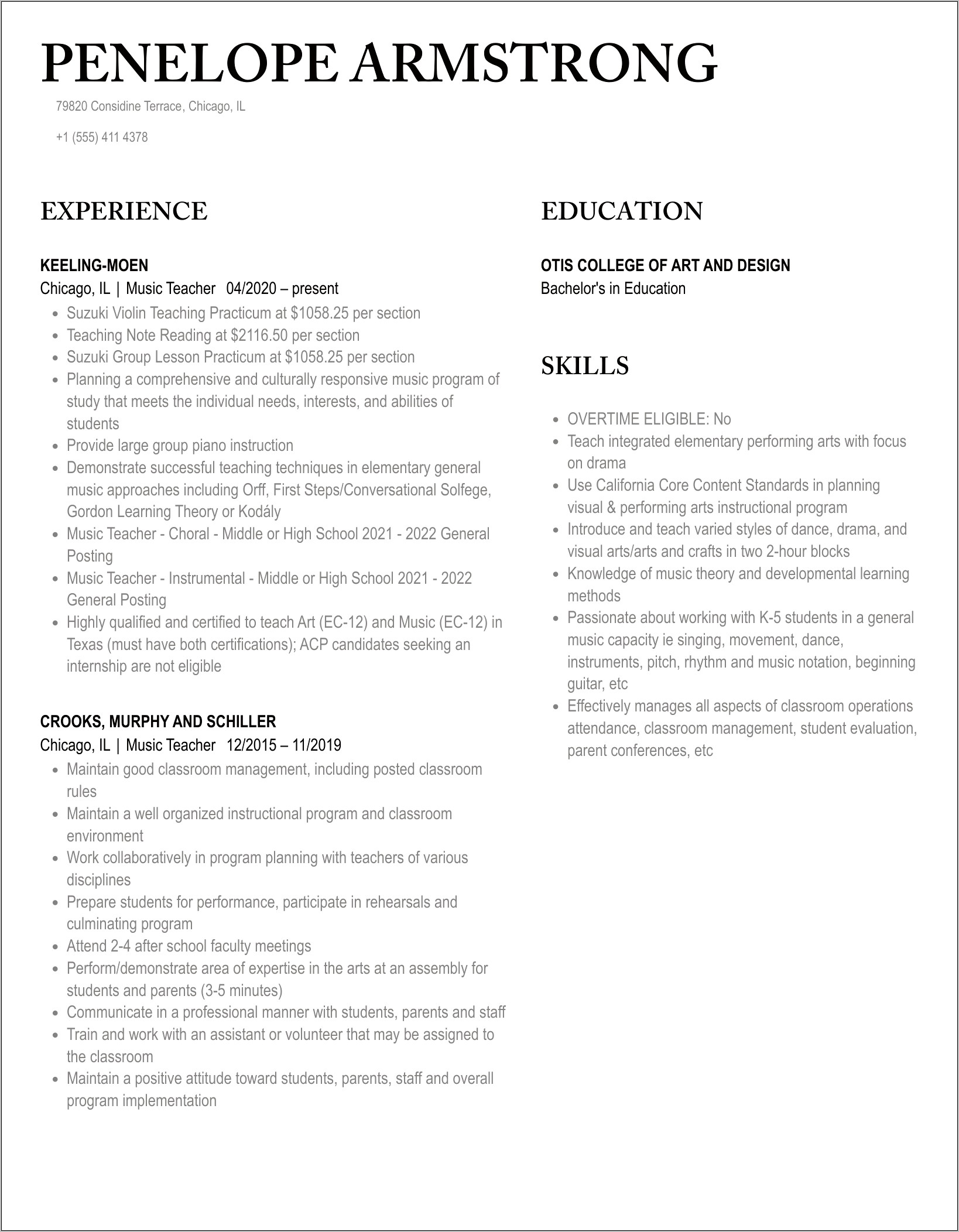 Private Music Teacher Skills Resume