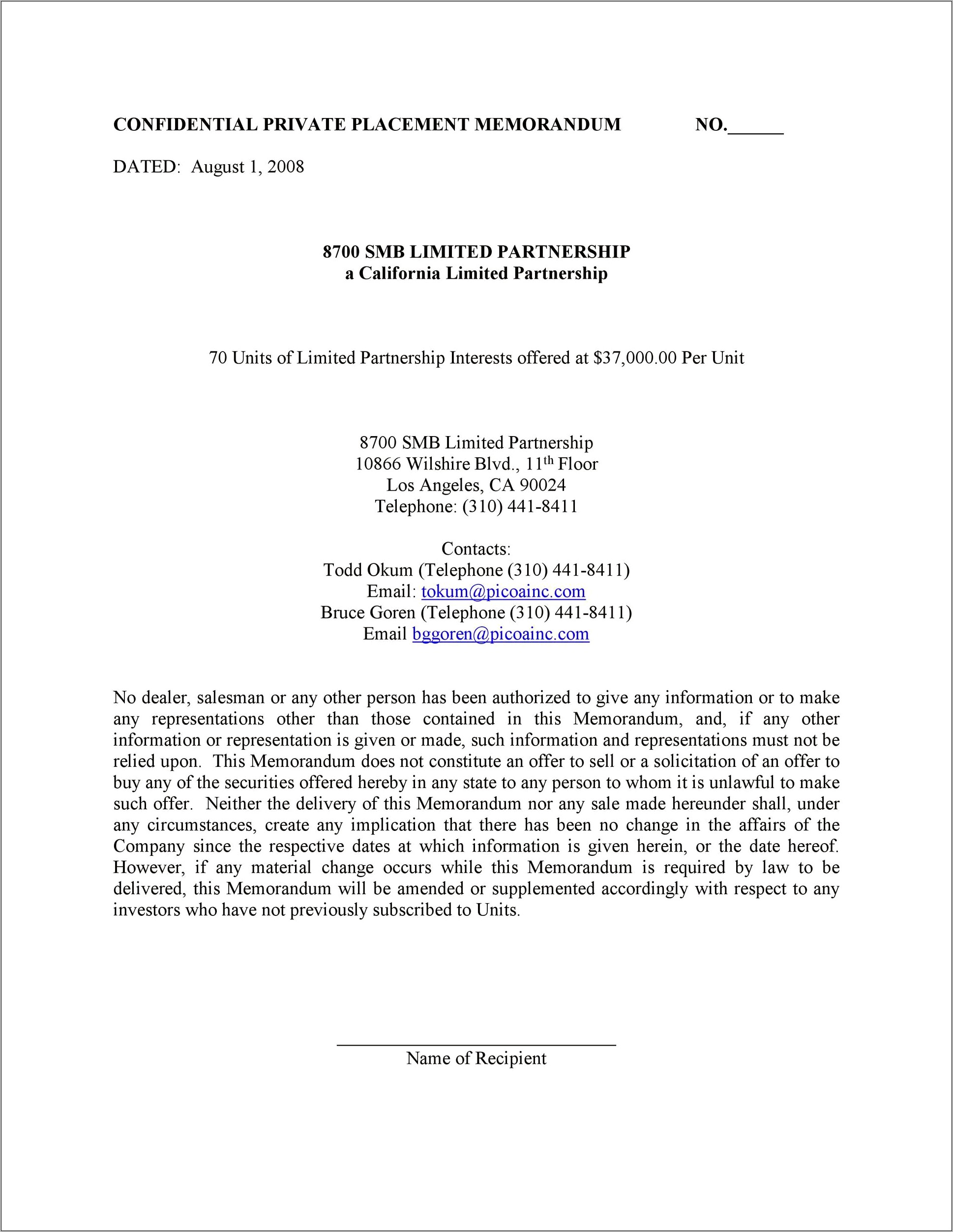 Private Placement Memorandum Template Download Free