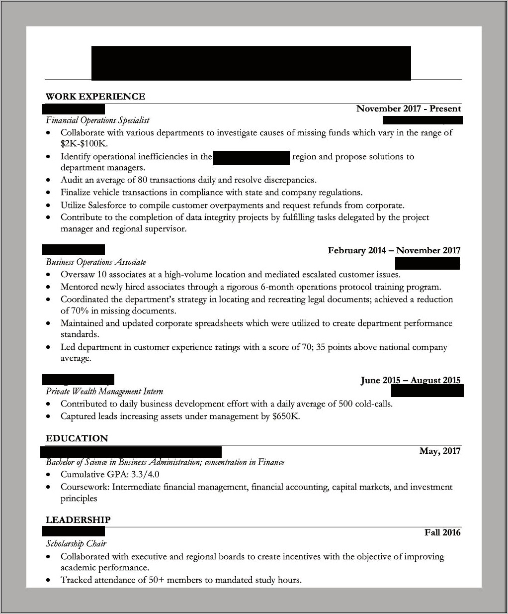 Private Wealth Management Intern Resume