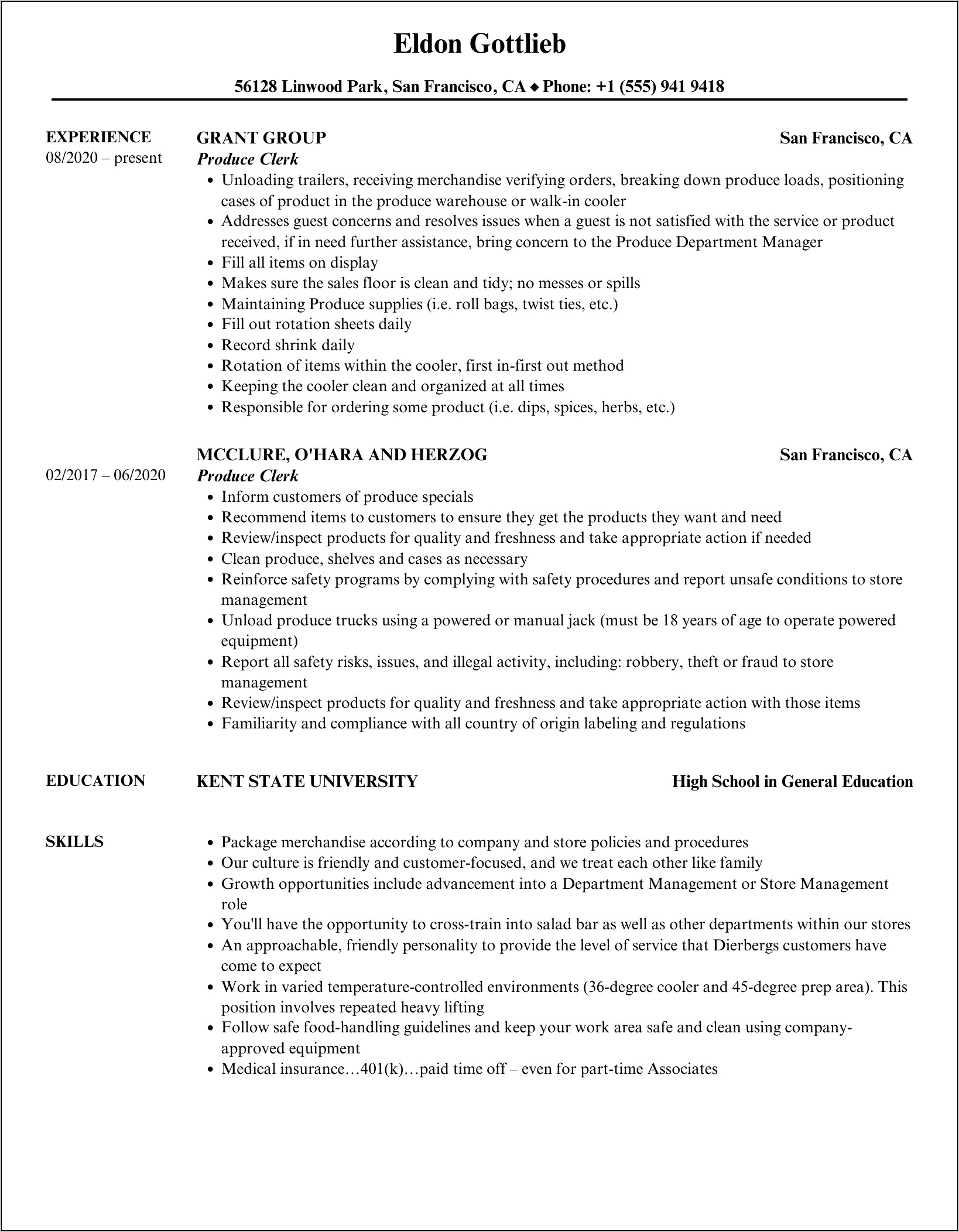 Produce Clerk Job Description Resume