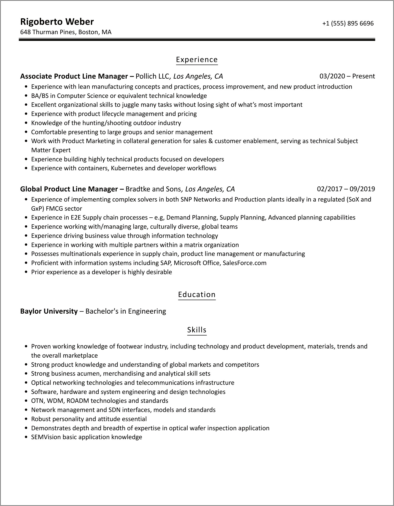 Product Line Manager Resume Examples