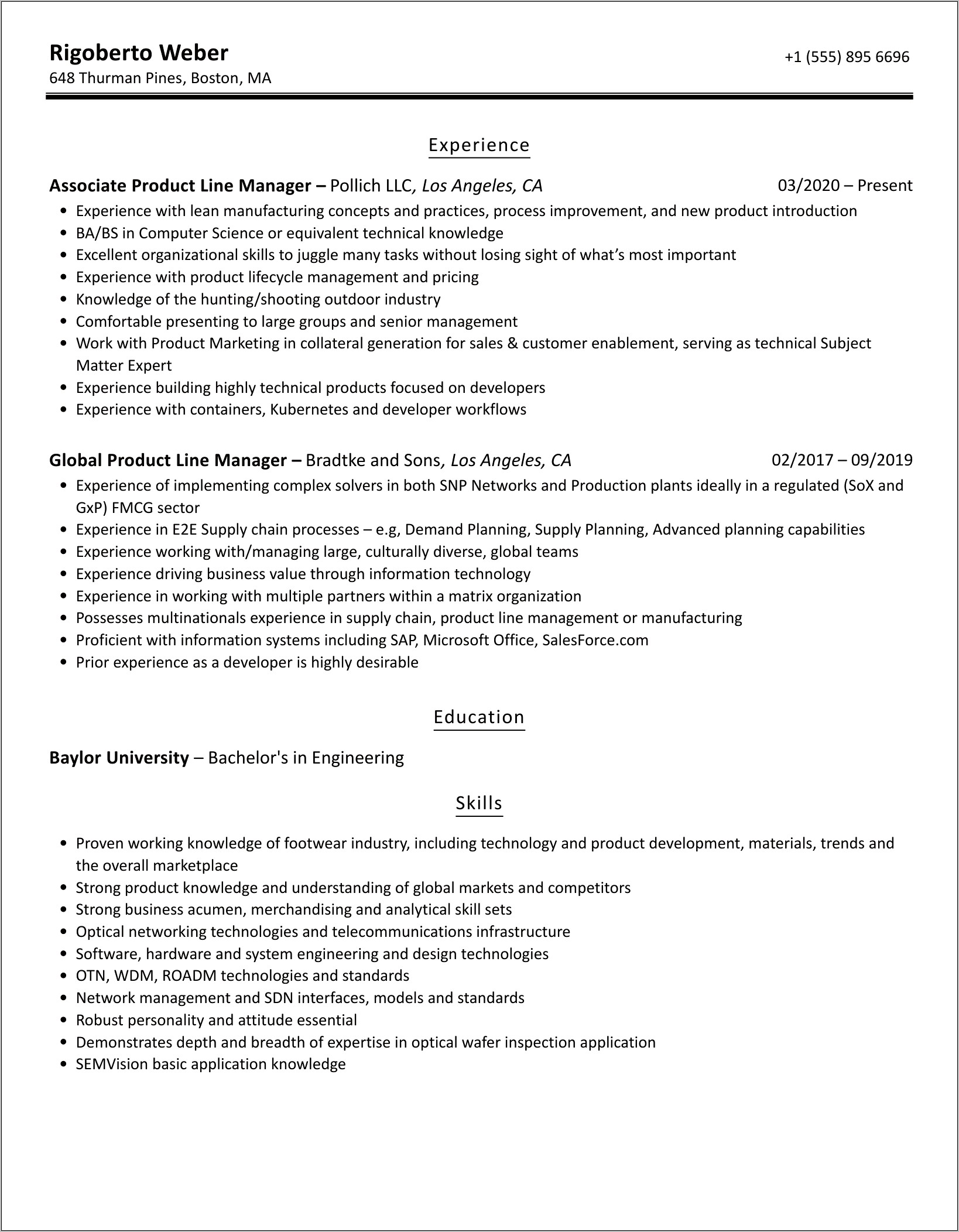 Product Line Manager Resume Sample