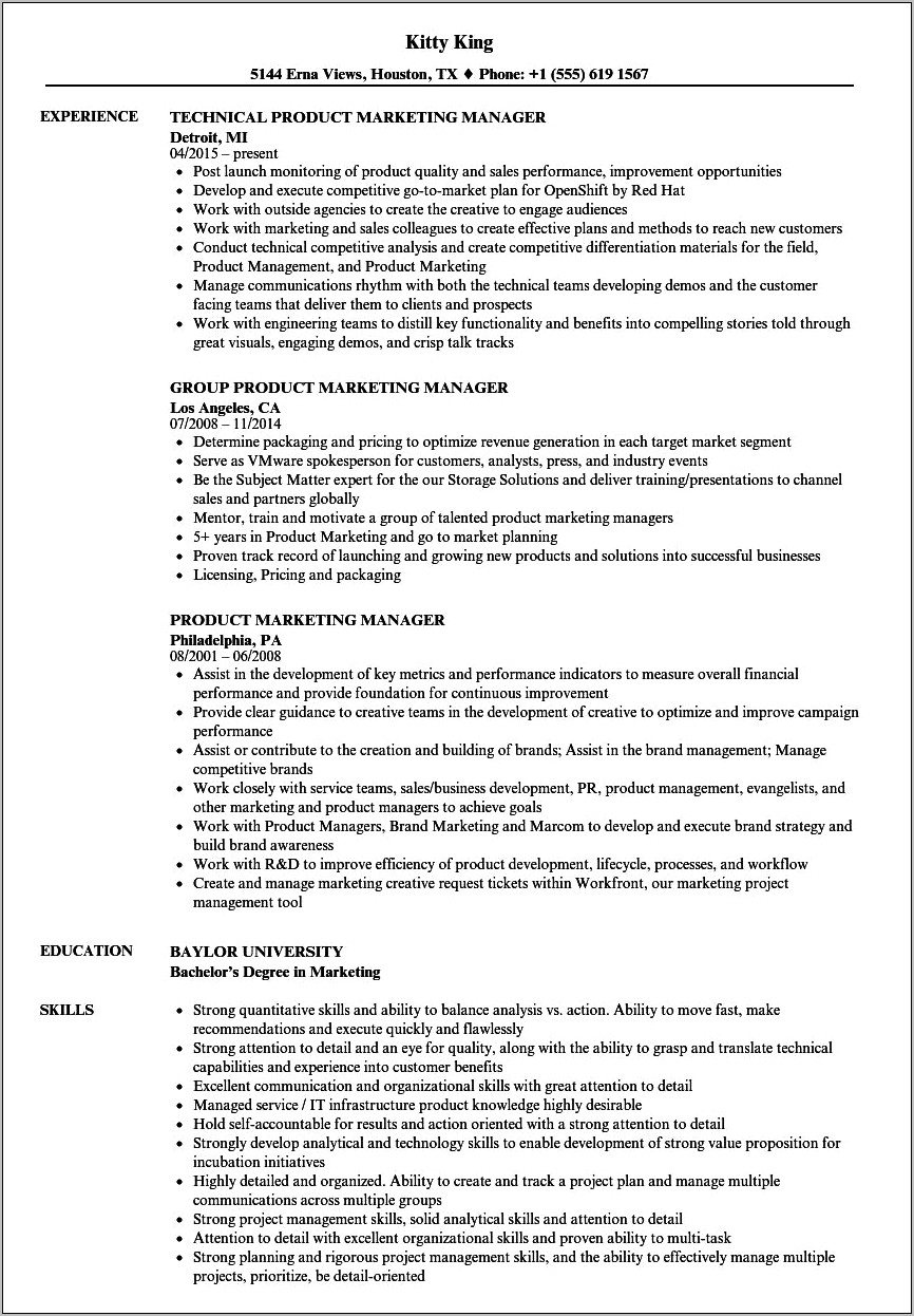 Product Marketing Manager Resume Pricing