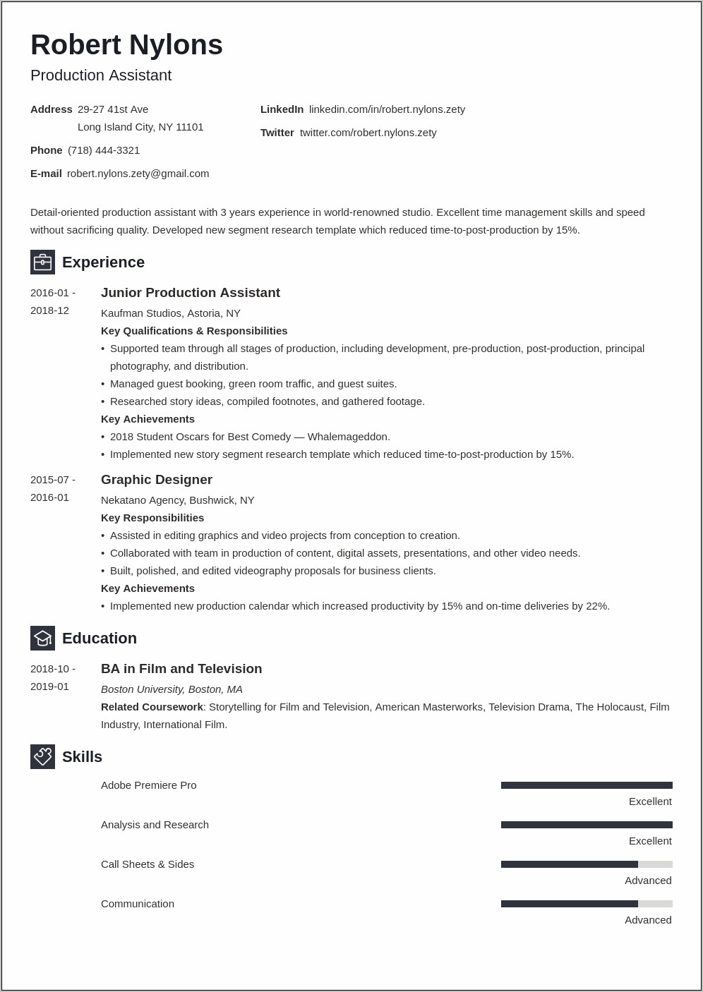 Production Assistant Job Resume Examples