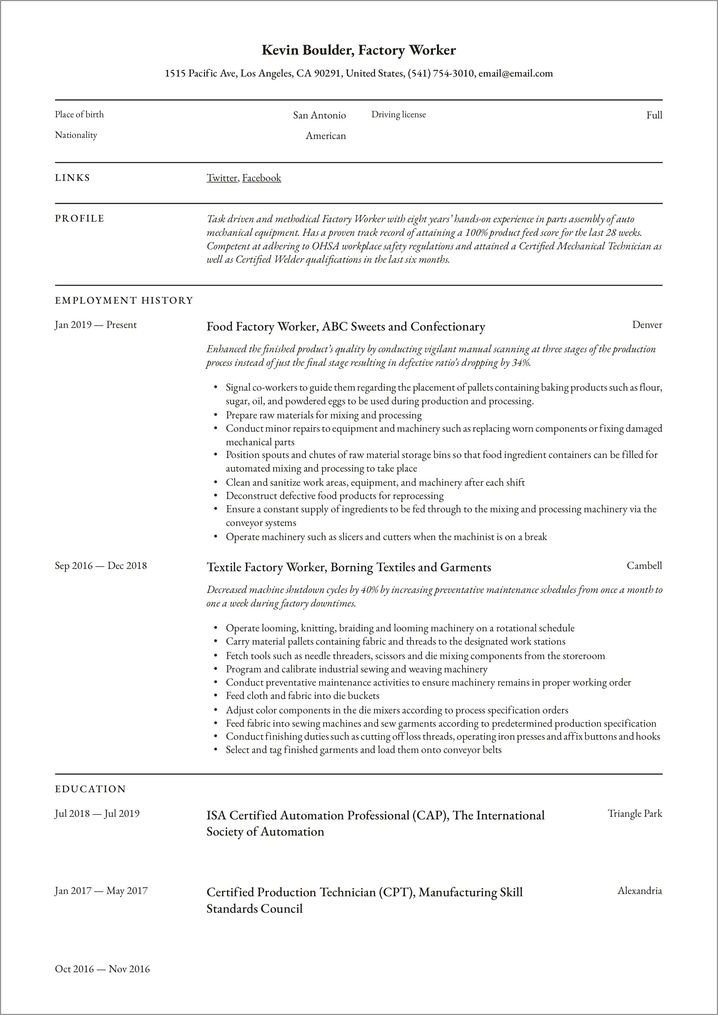 Production Line Worker Resume Examples