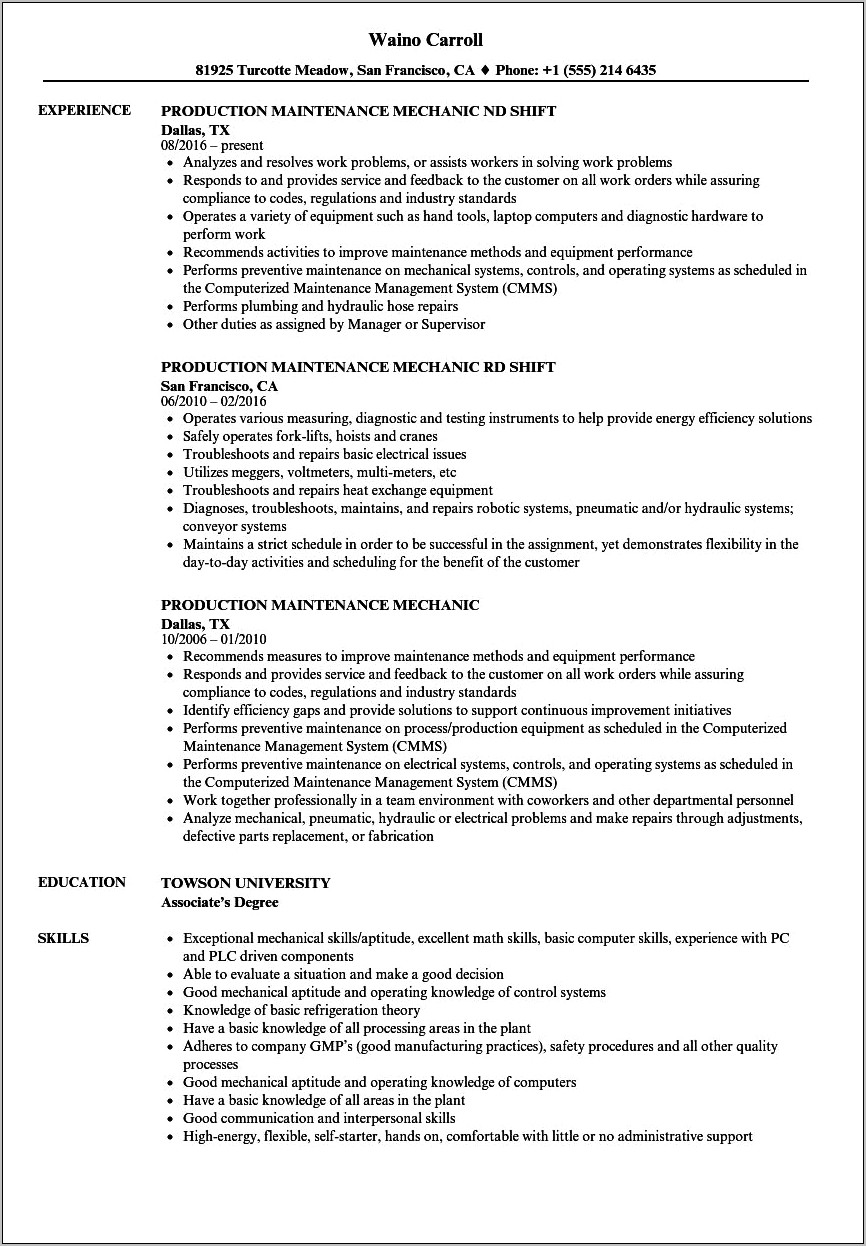 Production Maintenance Technician Resume Sample