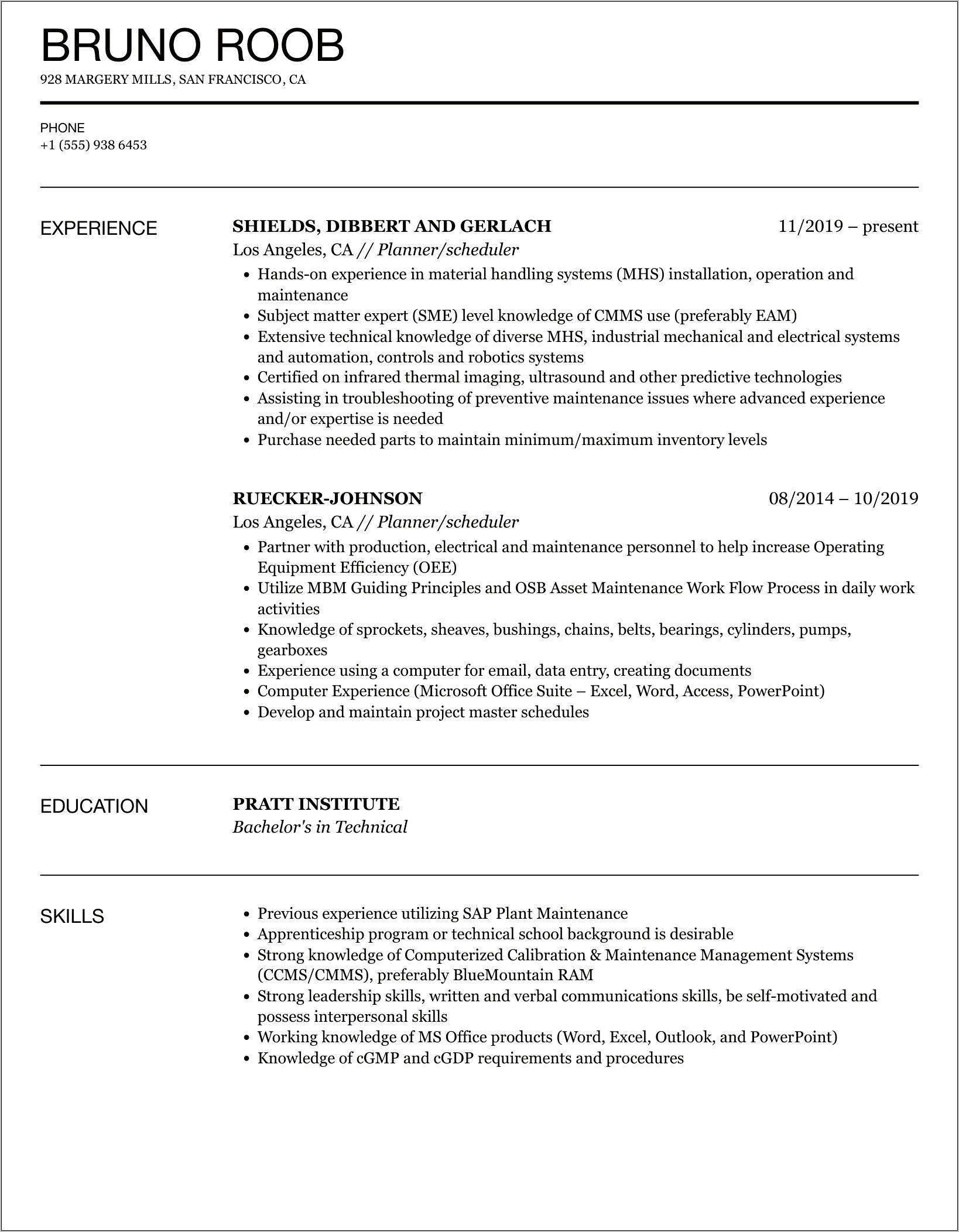 Production Planner Scheduler Sample Resume