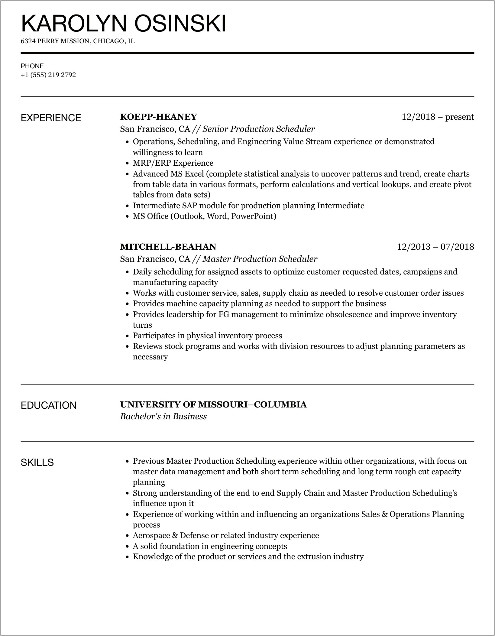 Production Scheduler Job Description Resume