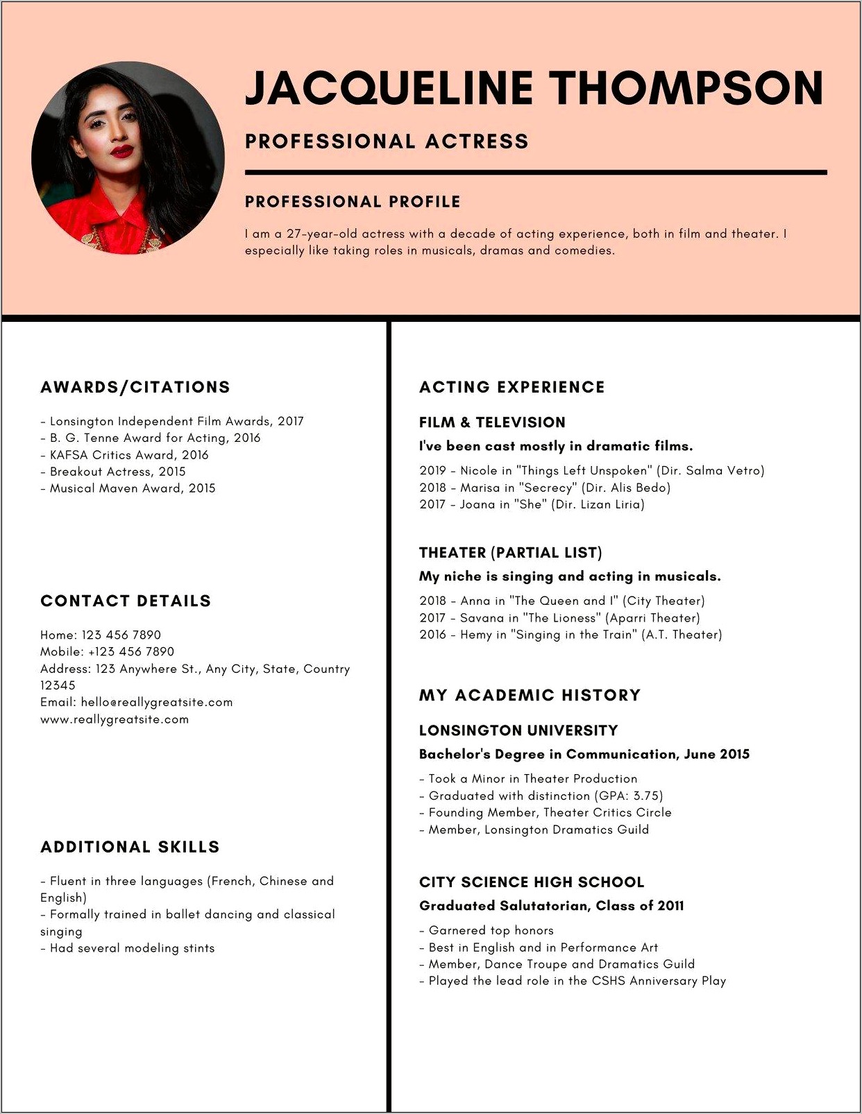 Professional Acting Resume Examples 2017