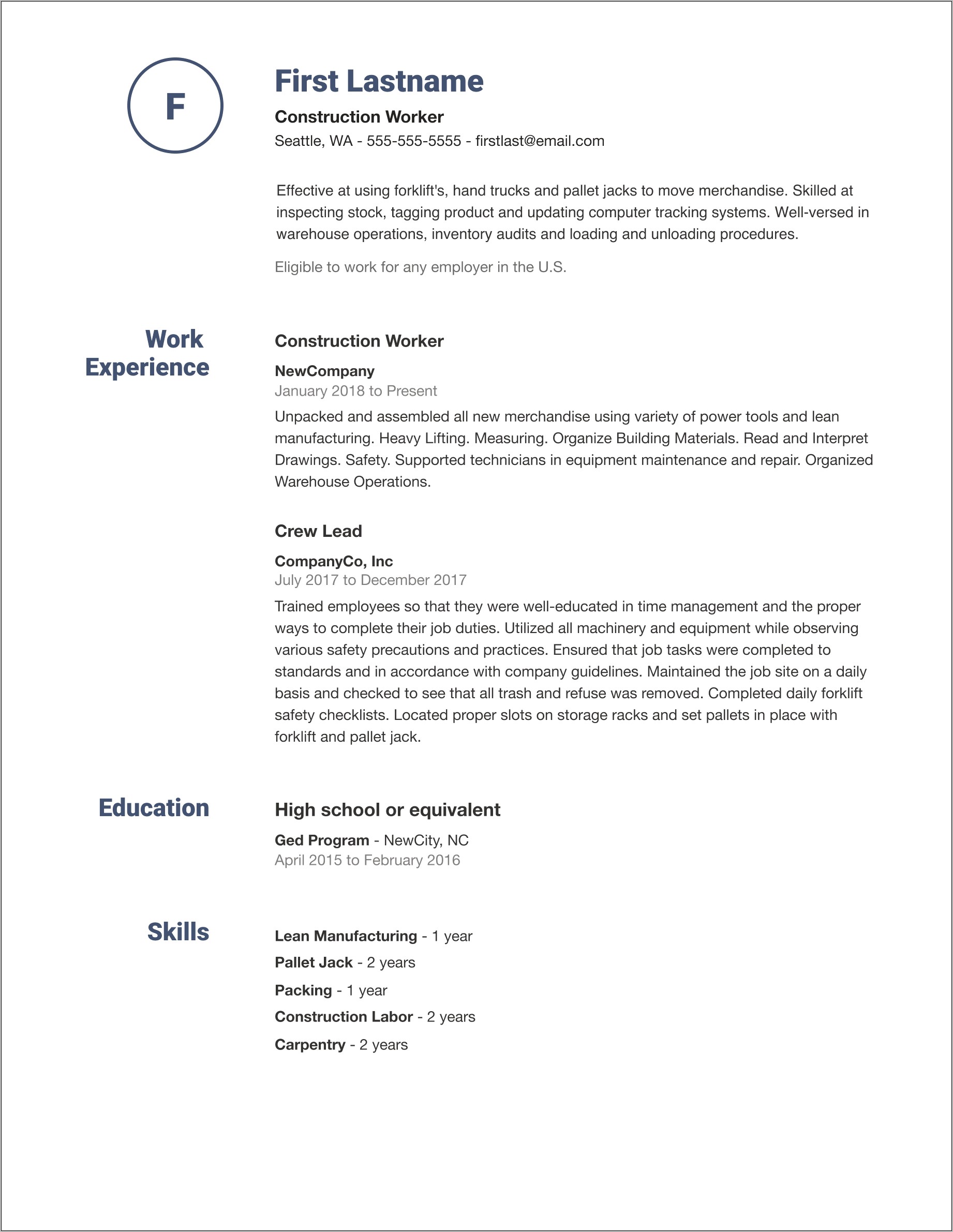Professional Construction Laborer Sample Resume