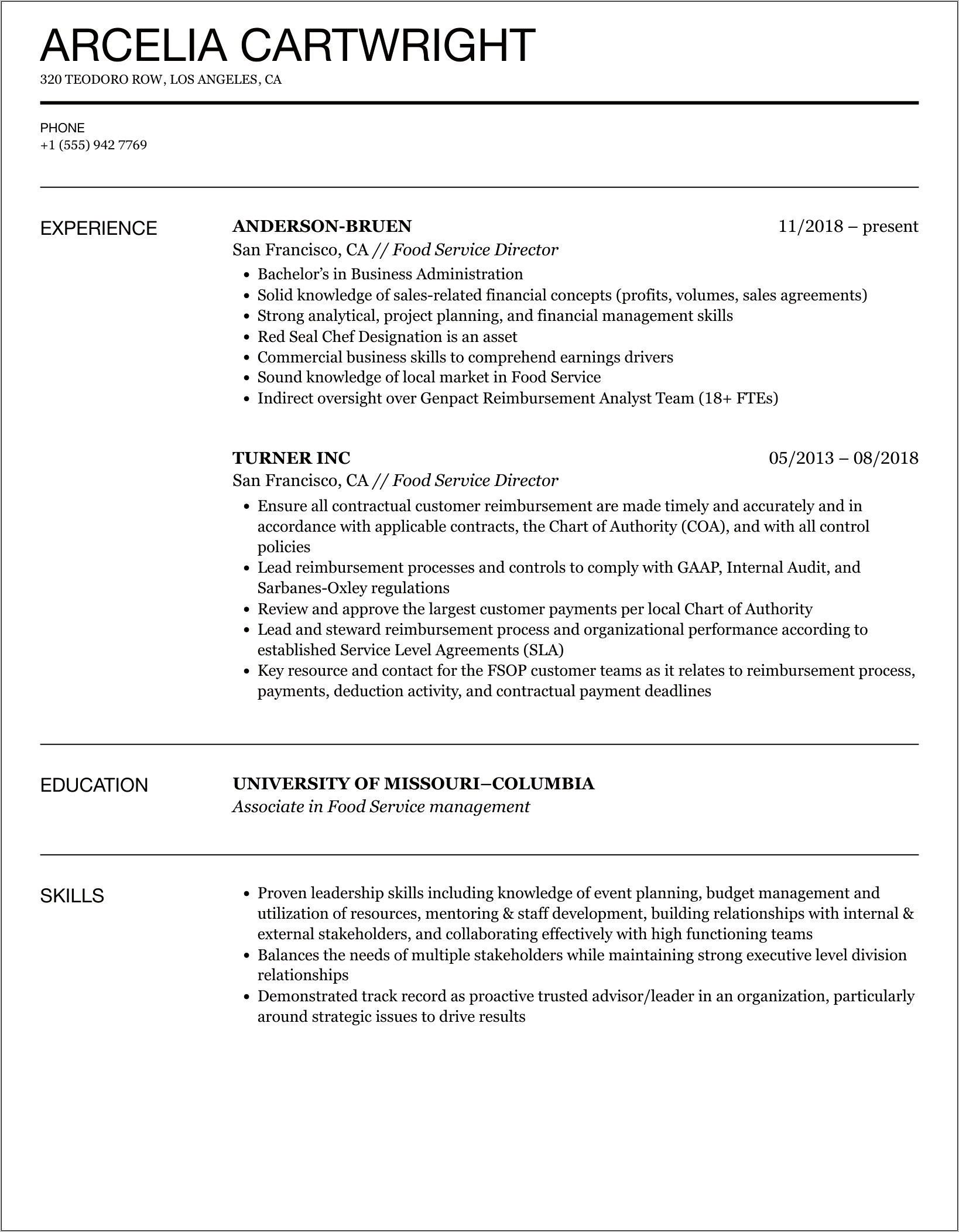 Professional Food Service Resume Example