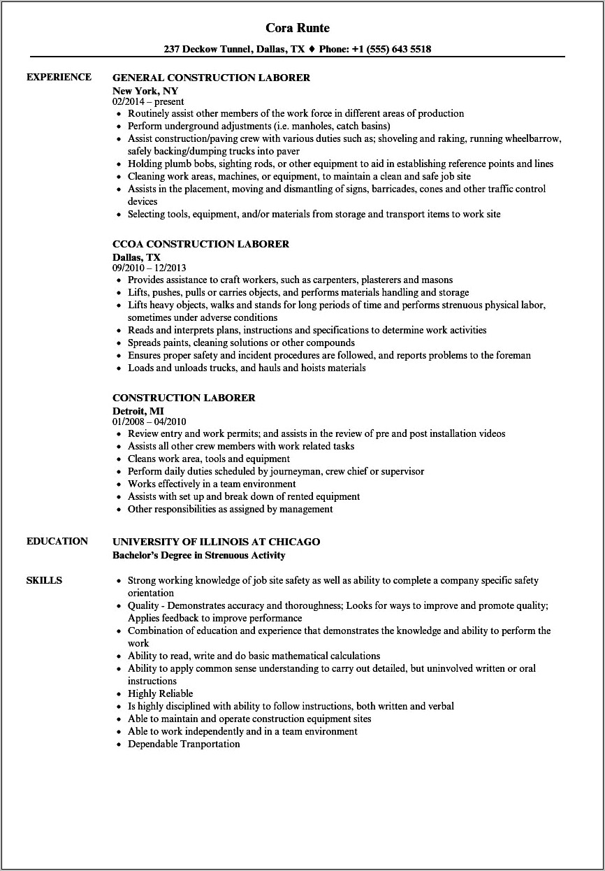 Professional Objective For Resume Laborer