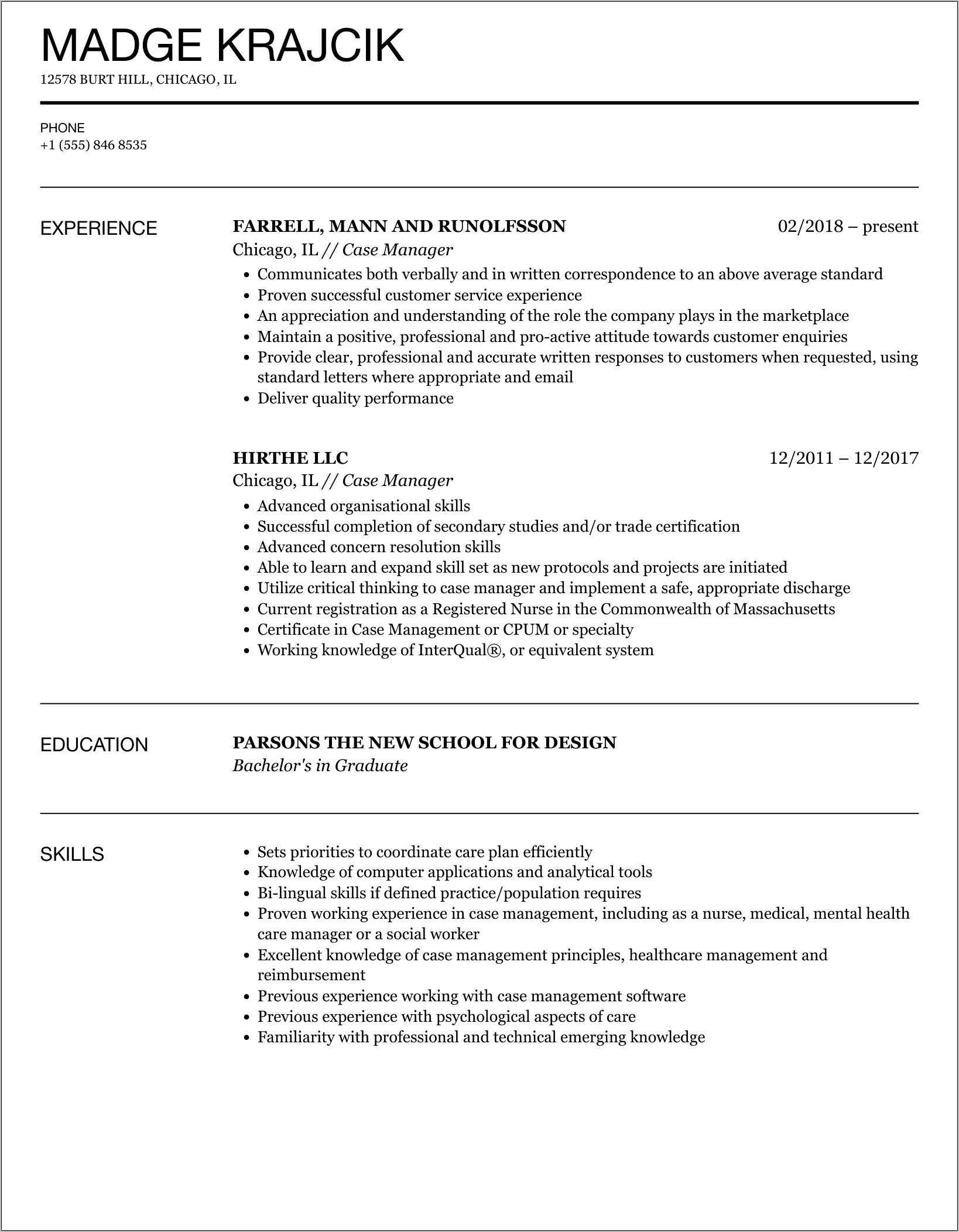 Professional Resume For Case Manager