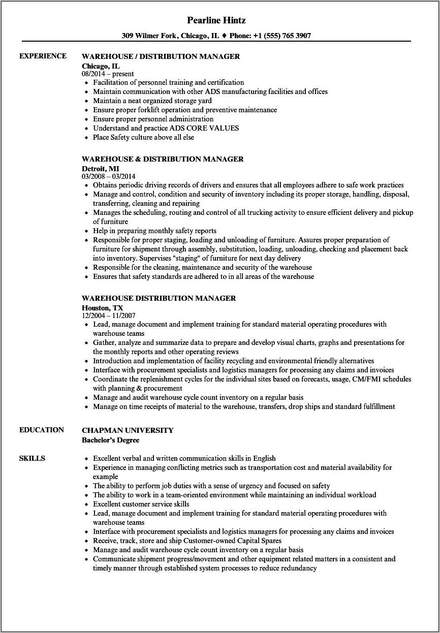 Professional Resume For Warehouse Manager