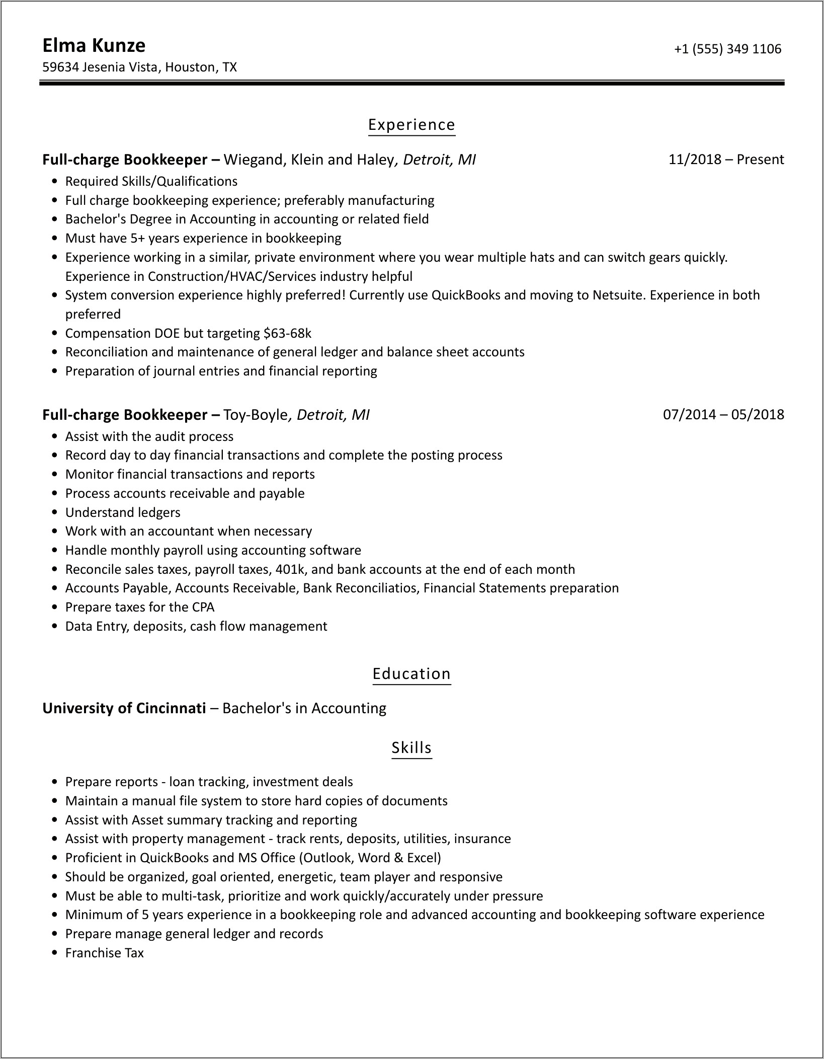 Professional Resume Samples For Bookkeeper