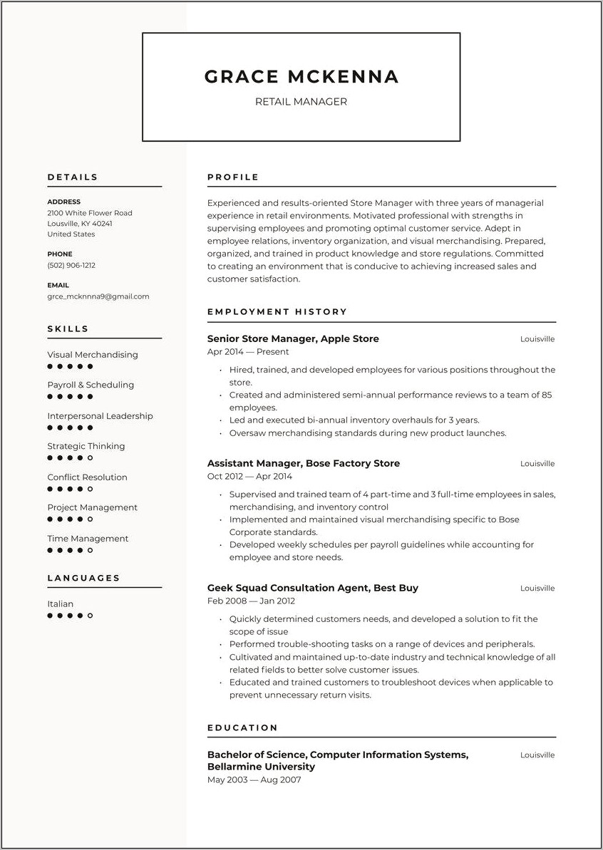 Professional Retail Store Manager Resume