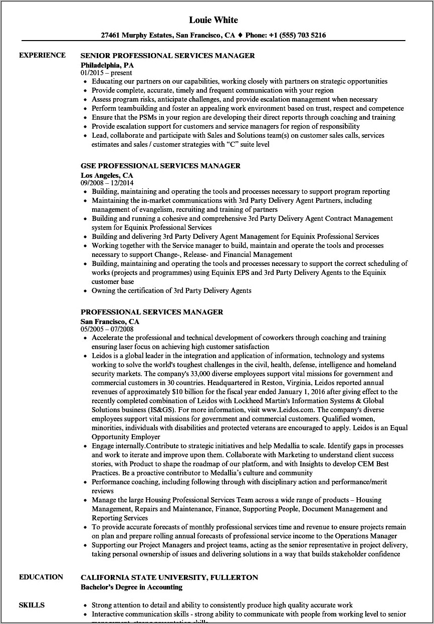 Professional Services Project Manager Resume