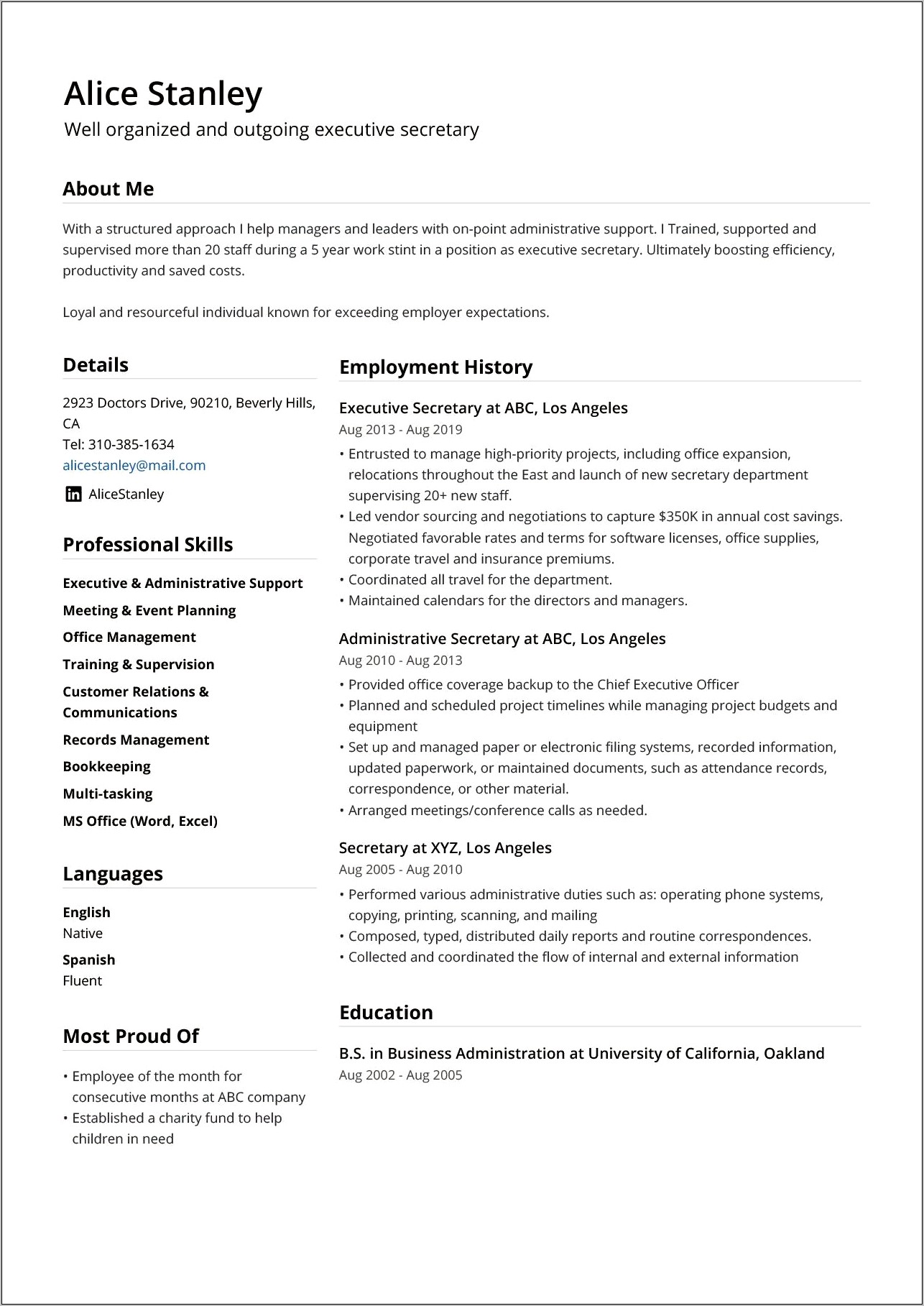 Professional Skills Employment Summary Resume