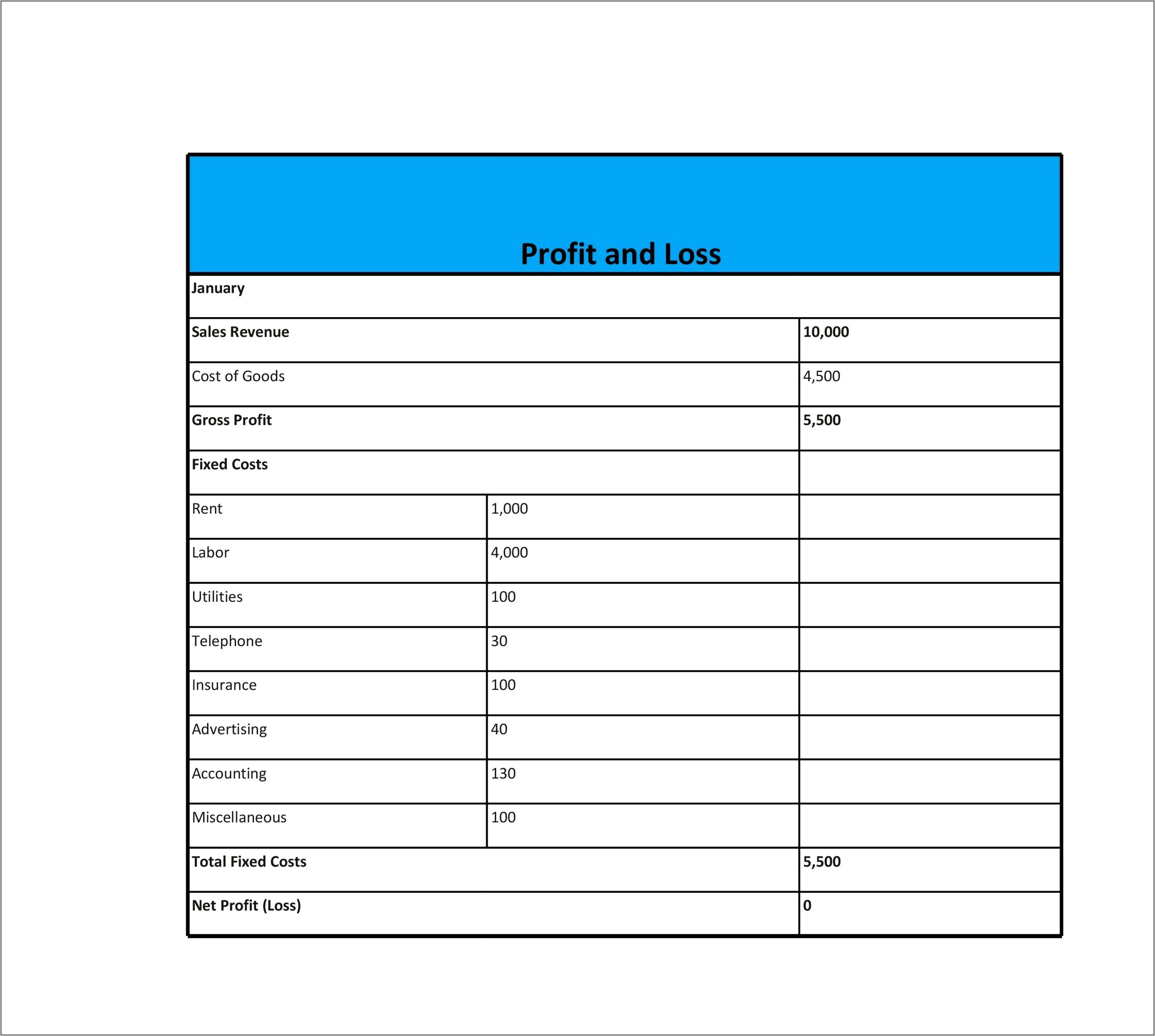 Profit And Loss Statement Template Free Pdf