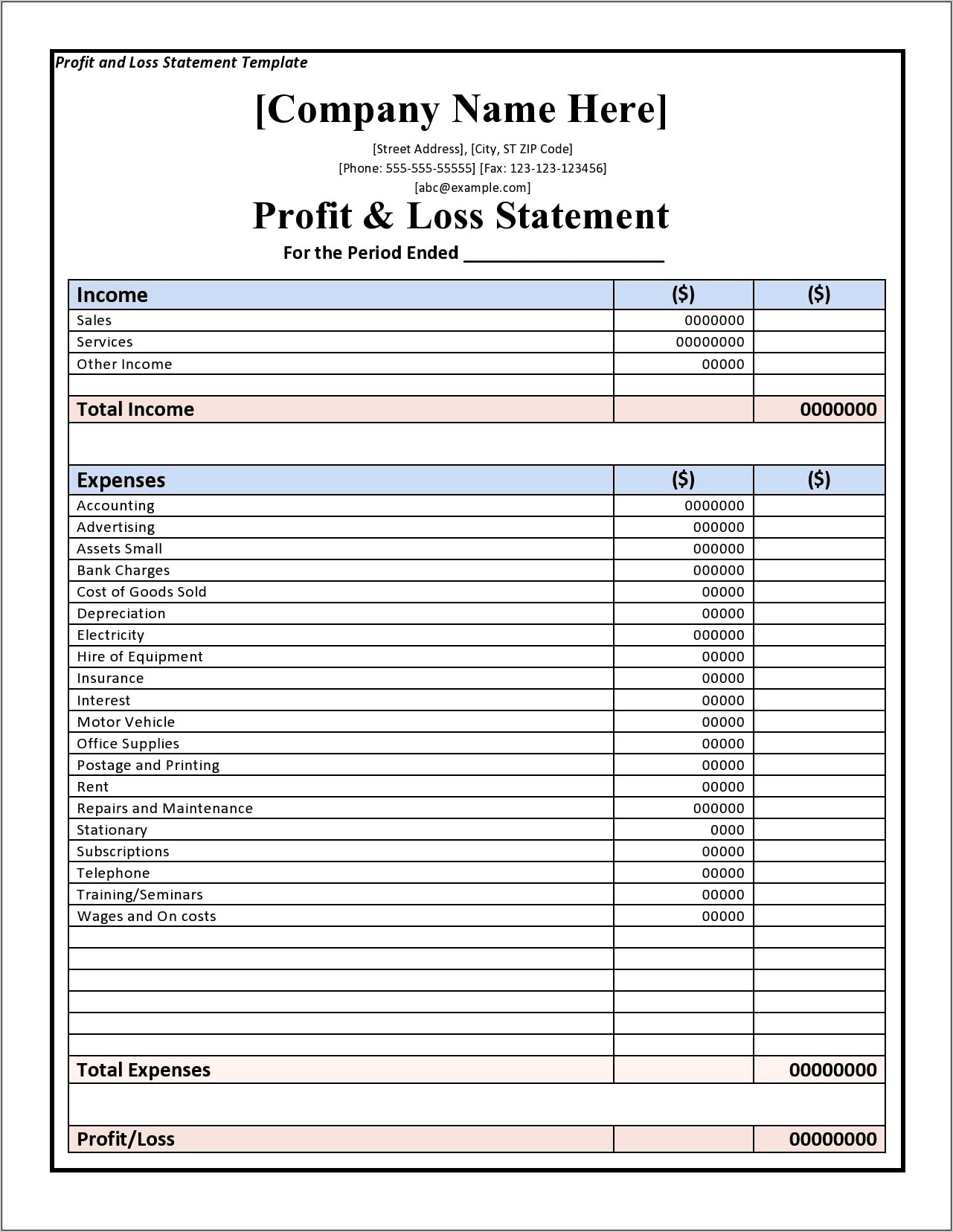 Profit And Loss Statement Template Pdf Free Download