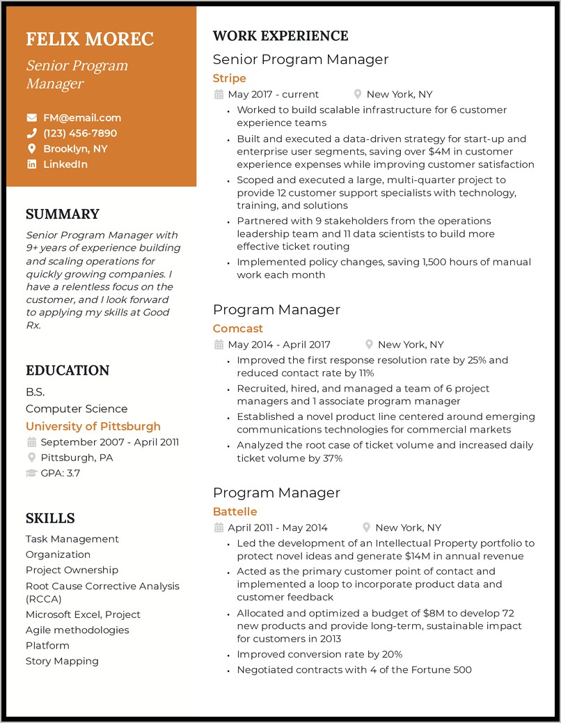 Program Manager Summary Statement Resume