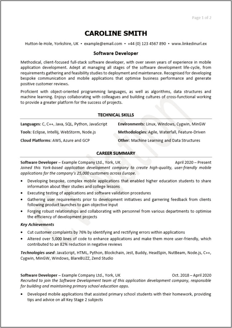 Program Software Examples In Resume