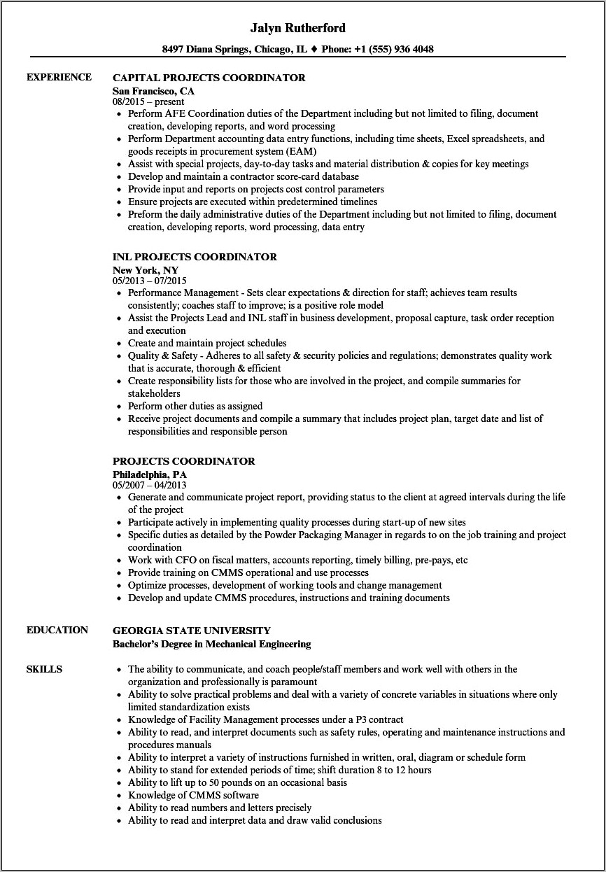 Project Coordinator Resume Free Download
