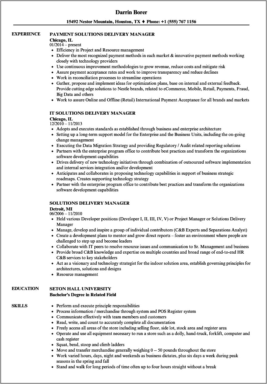 Project Delivery Manager Sample Resume