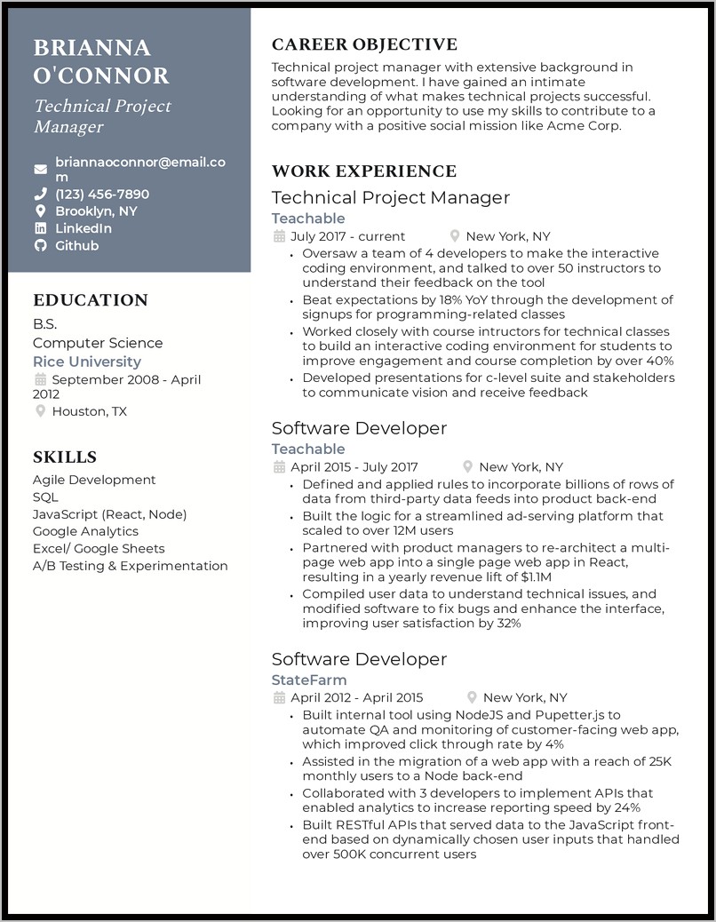 Project Experience On Resume Example