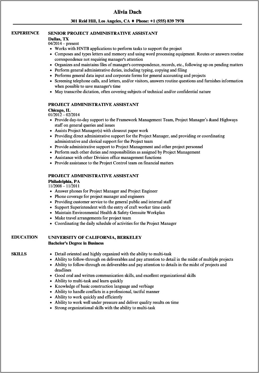 Project Management Administrative Assistant Resume