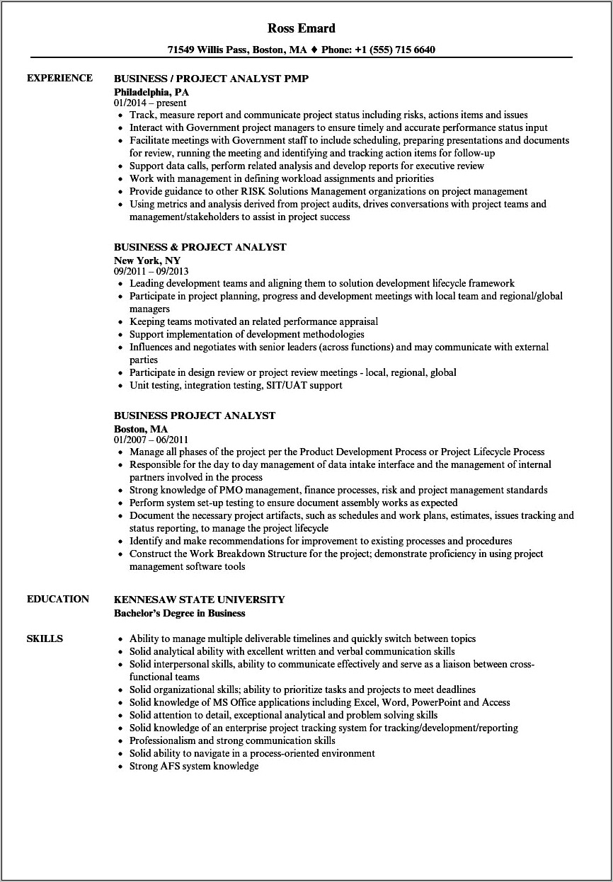 Project Management Business Analyst Resume