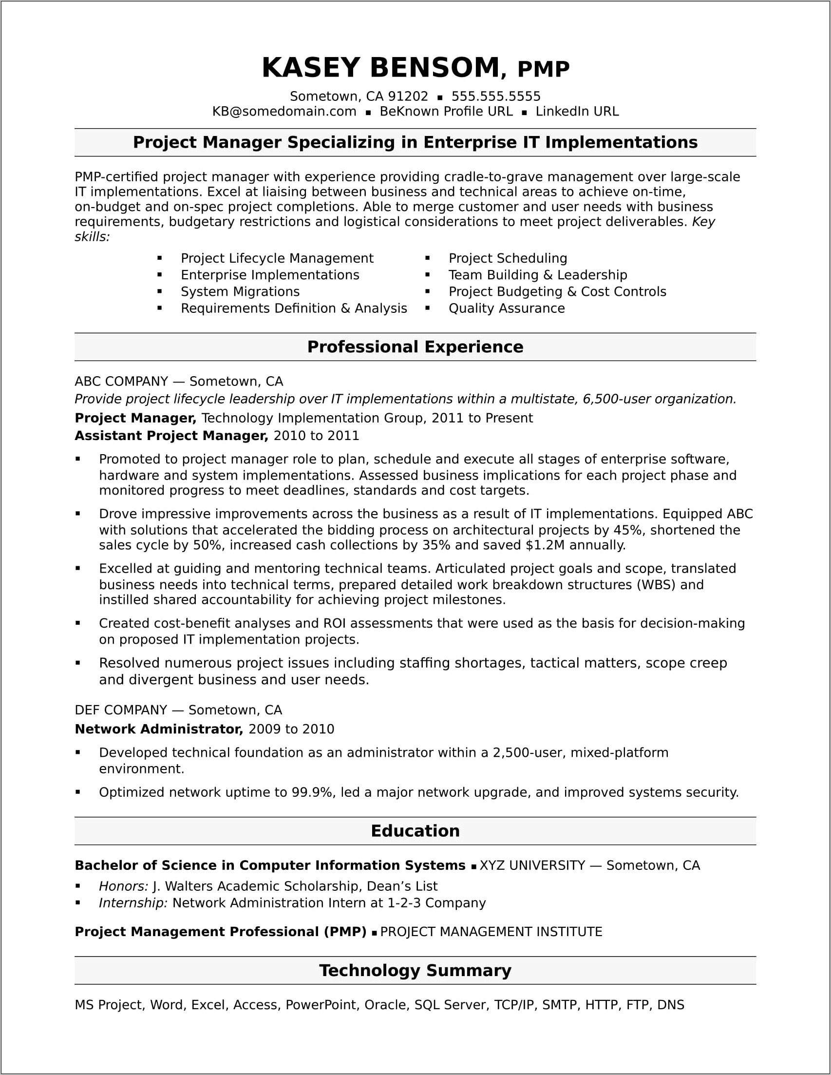 Project Management Experience Example Resume