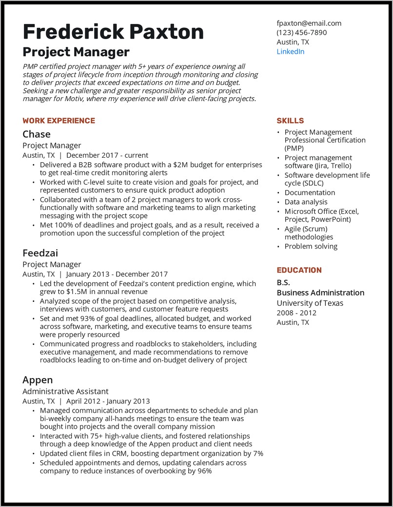 Project Management Student Resume Sample