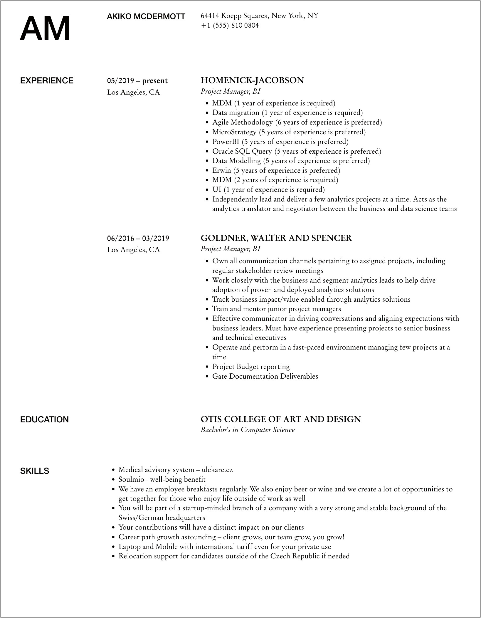 Project Manager Business Intelligence Resume