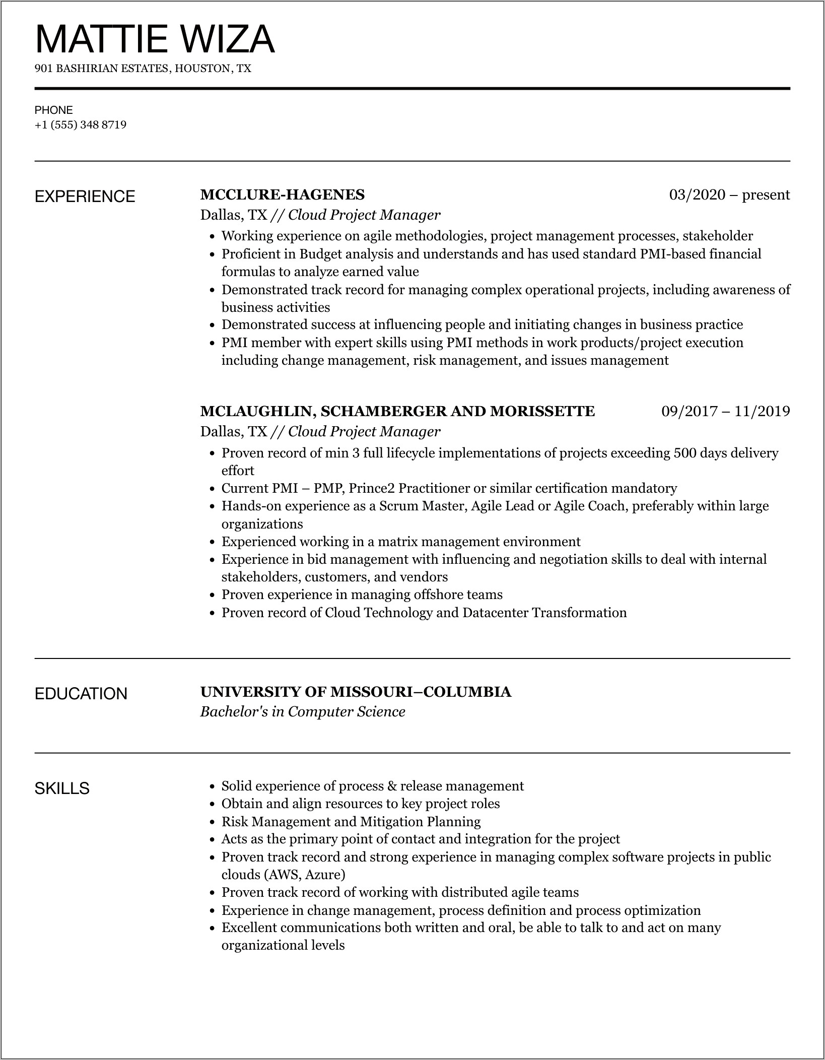 Project Manager Cloud Sample Resume