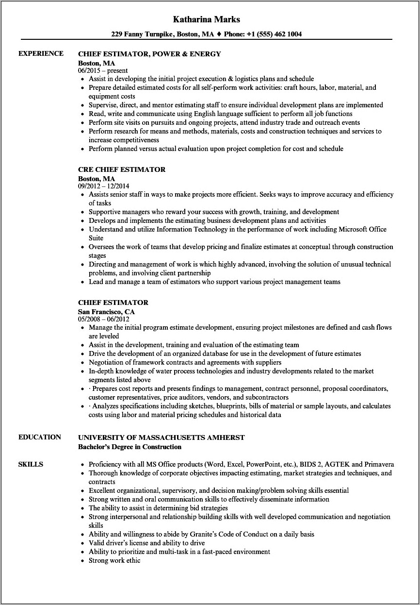 Project Manager Estimator Resume Sample