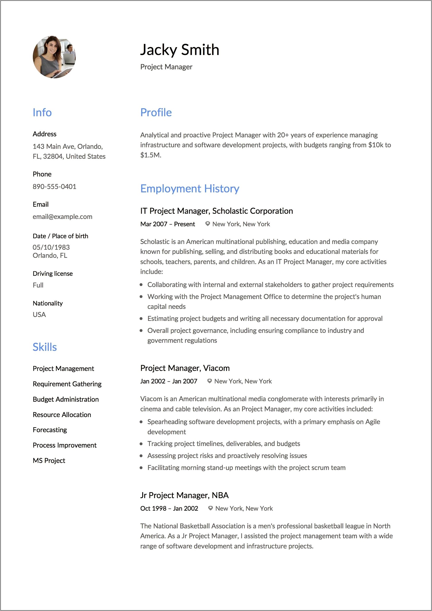 Project Manager Functional Resume Example