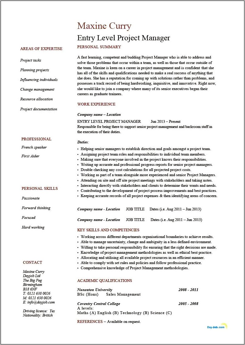 Project Manager Job Application Resume