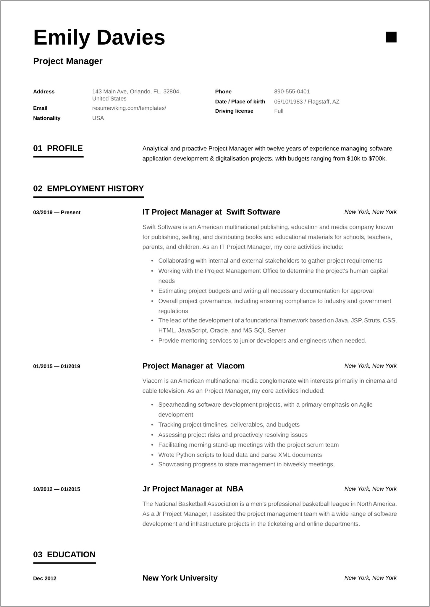 Project Manager Job Objective Resume