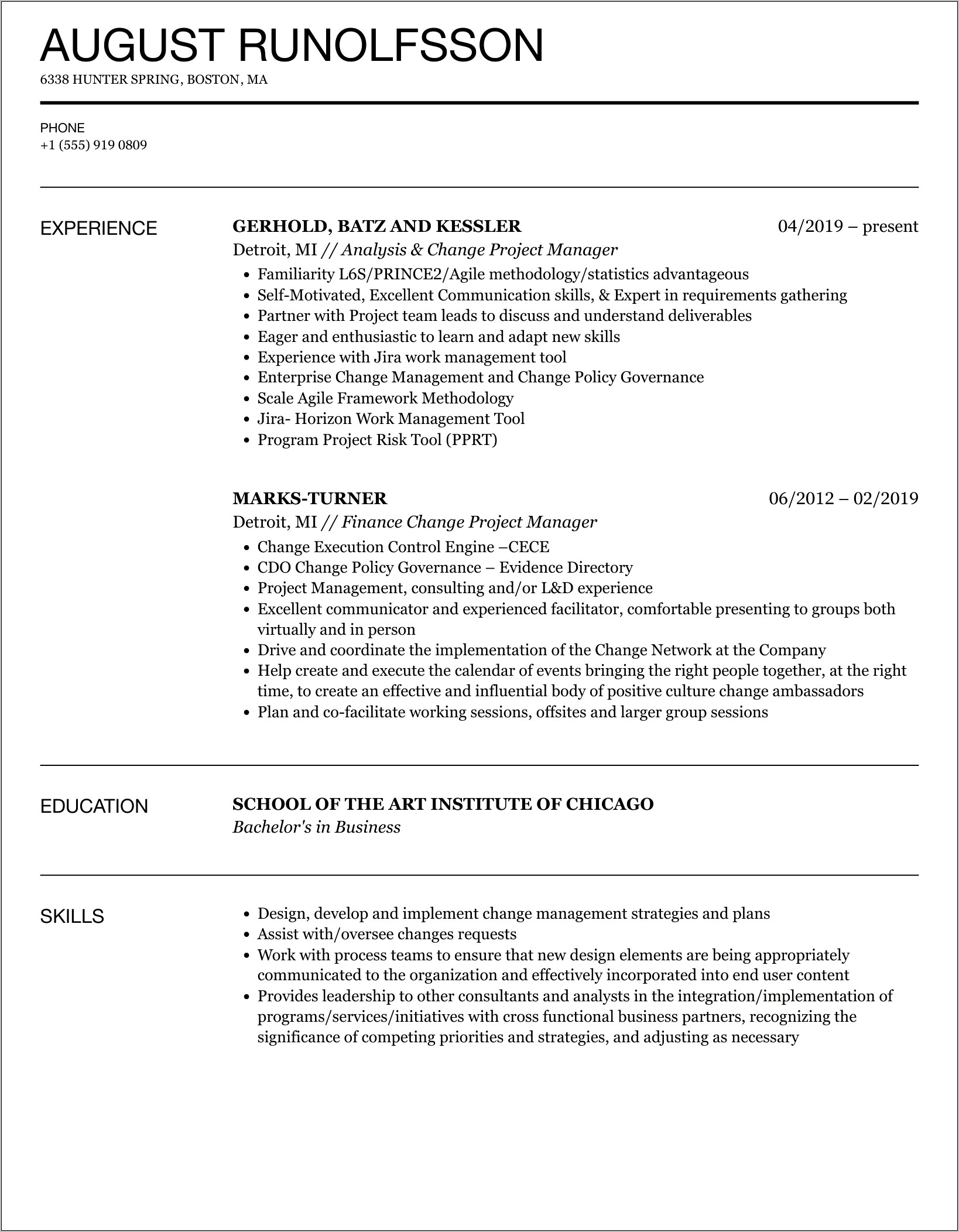 Project Manager Resume Change Control