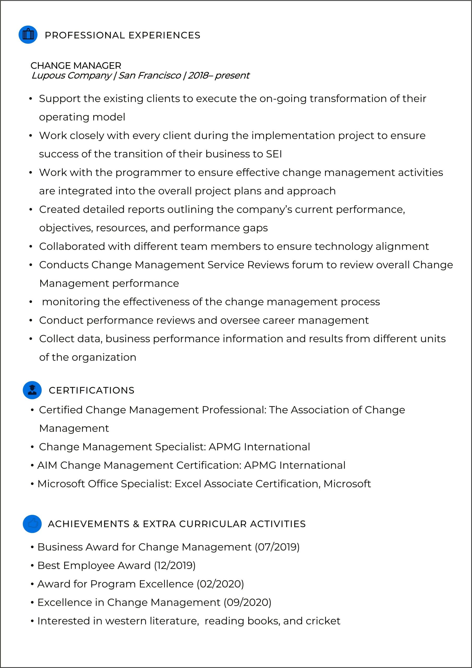 Project Manager Resume Change Management