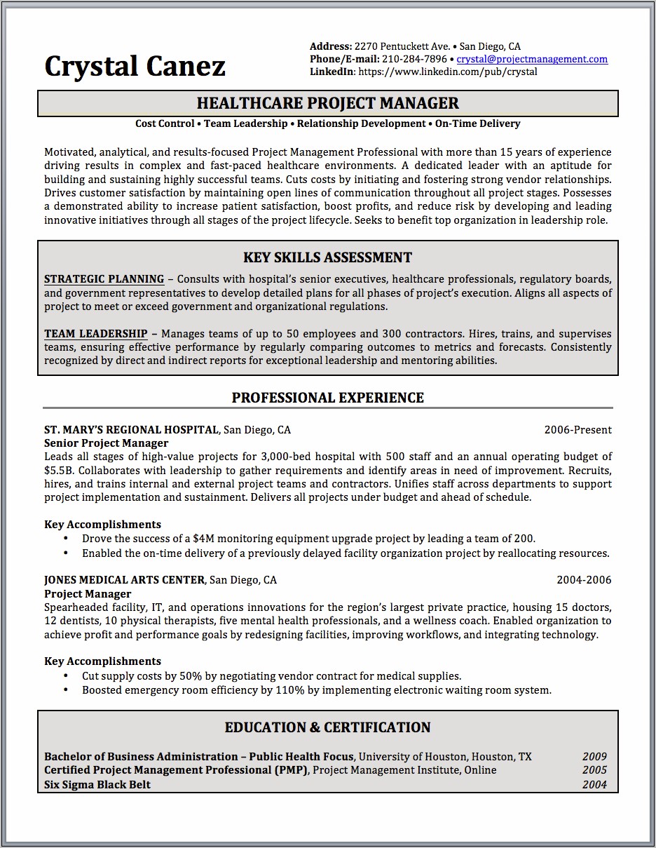 Project Manager Resume Example Linkedin