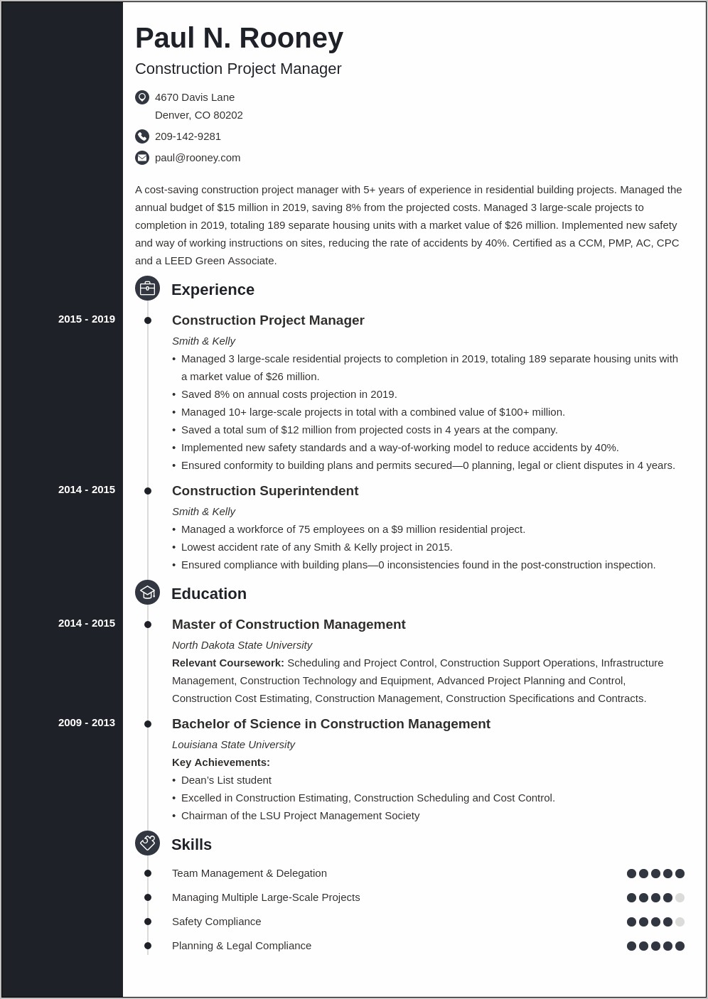 Project Manager Resume Examples Construction